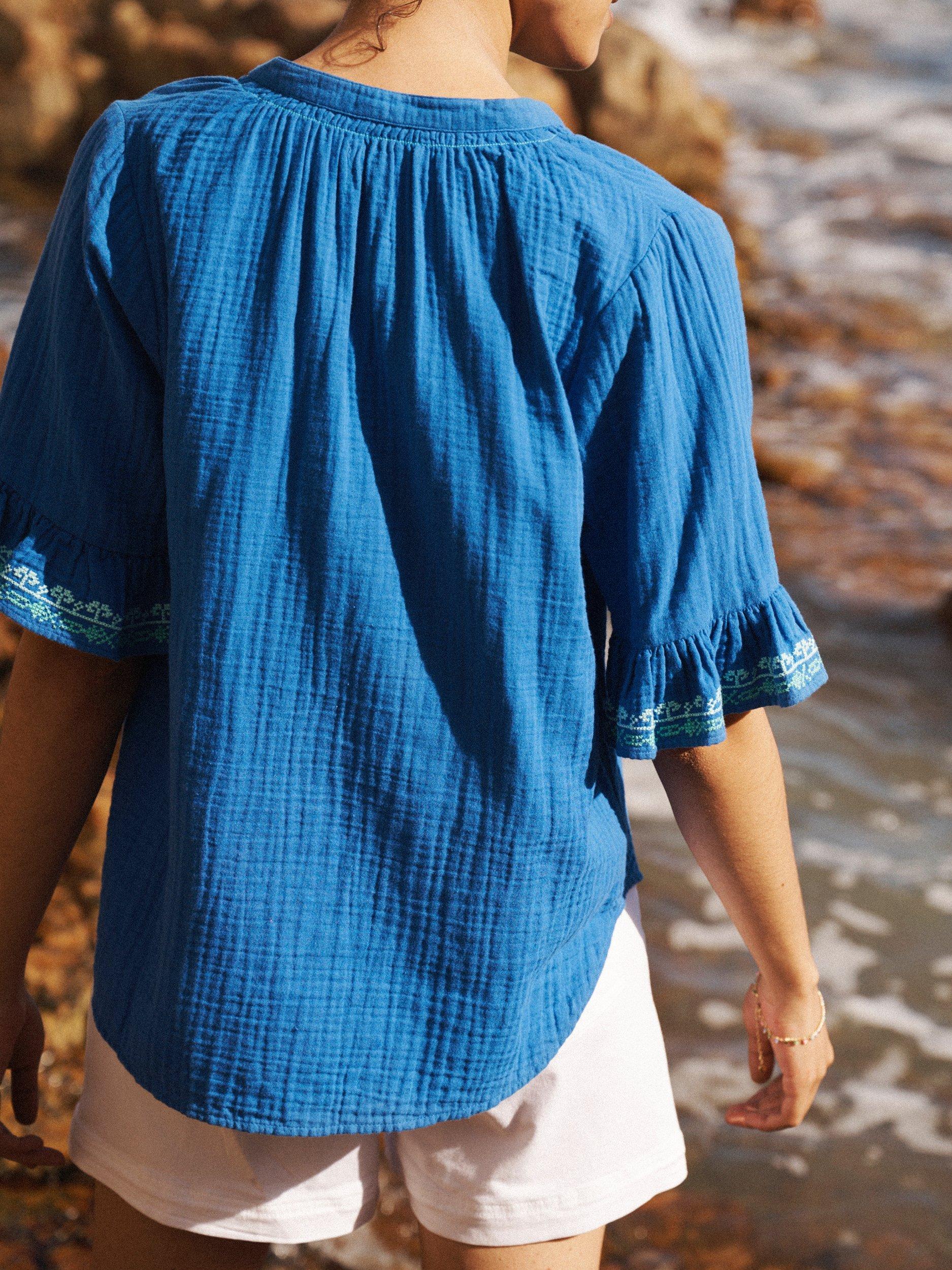 Product image 5 of 6, which shows NRBY Kayla Double Cloth Embroidered Top, Blue/Multi, XS