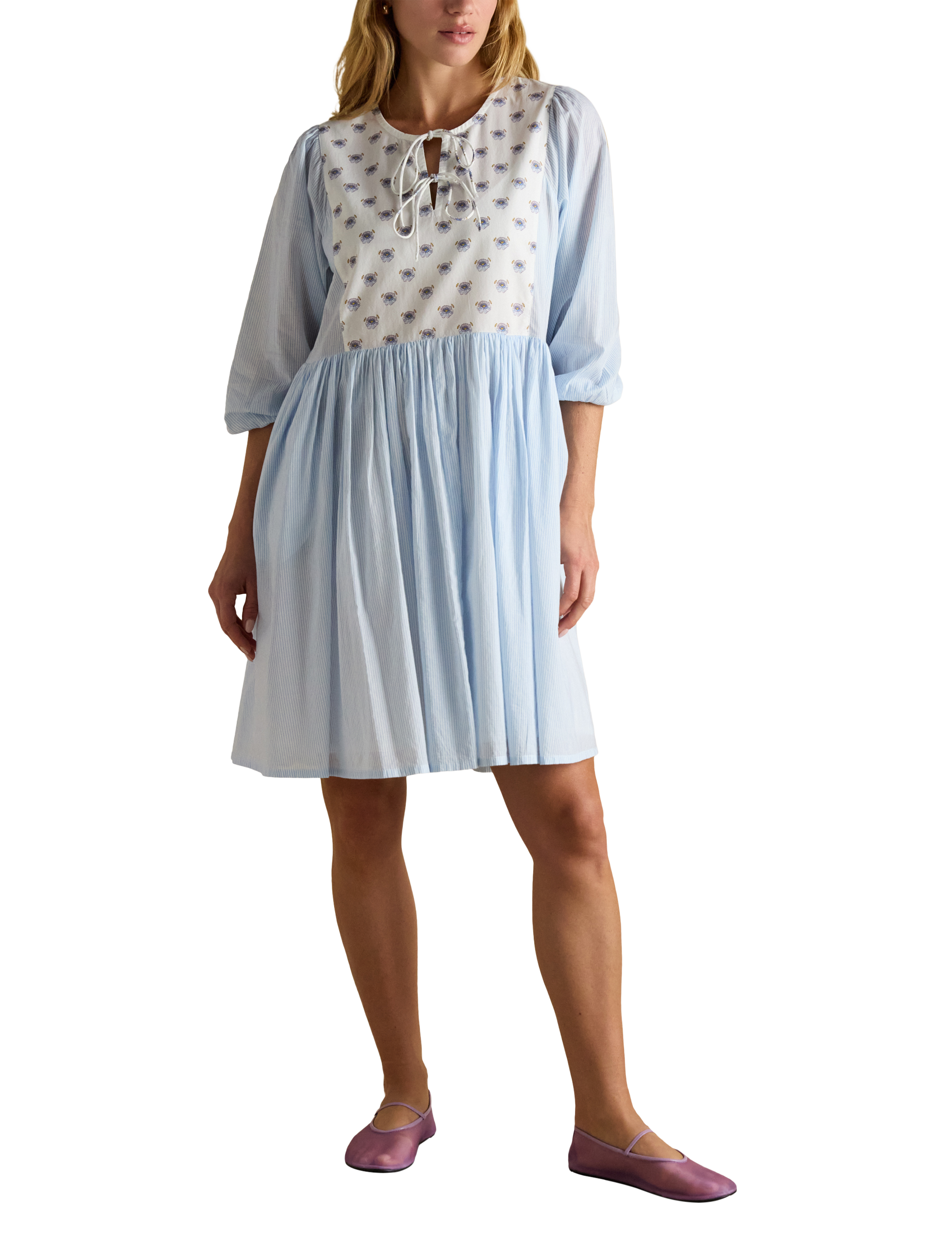 Joules Floral Tie Neck Smock Dress, Blue