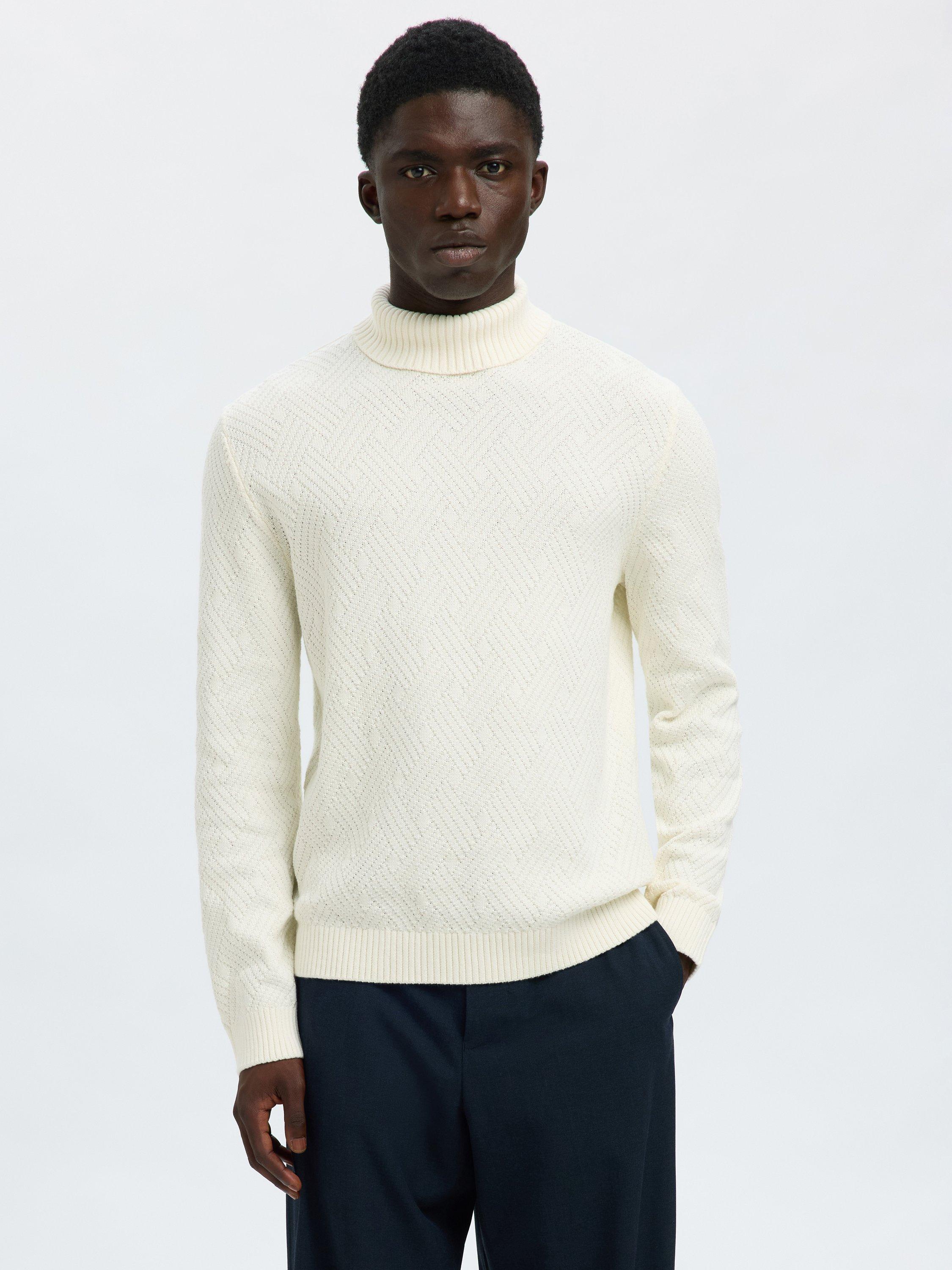 Product image 1 of 6, which shows Selected Trevor Cotton Roll Neck Jumper, Egret, XL