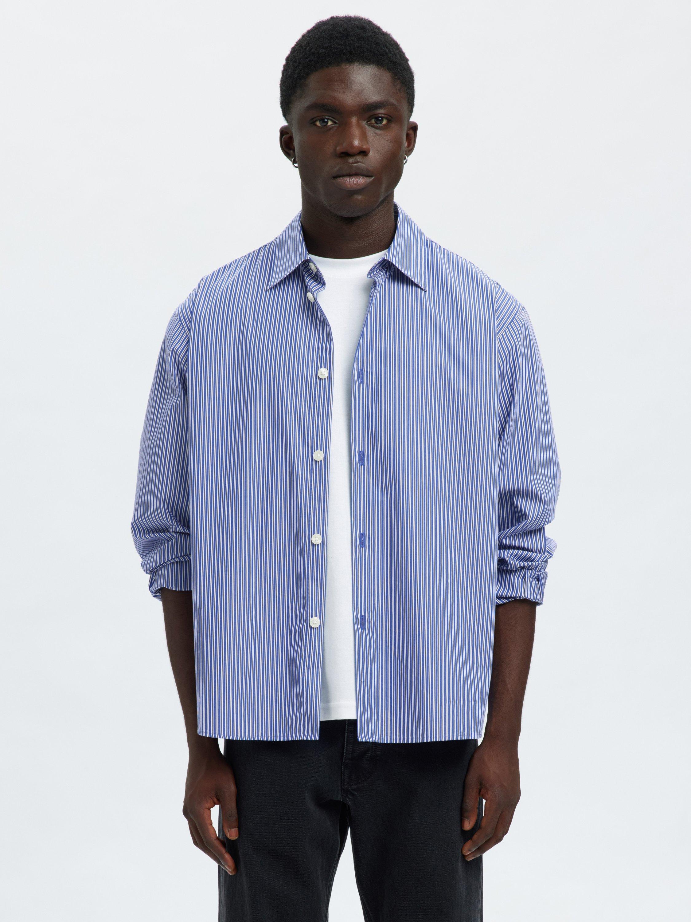 Product image 1 of 6, which shows Selected Henri Stripe Regular Fit Cotton Shirt, Medieval Blue, L