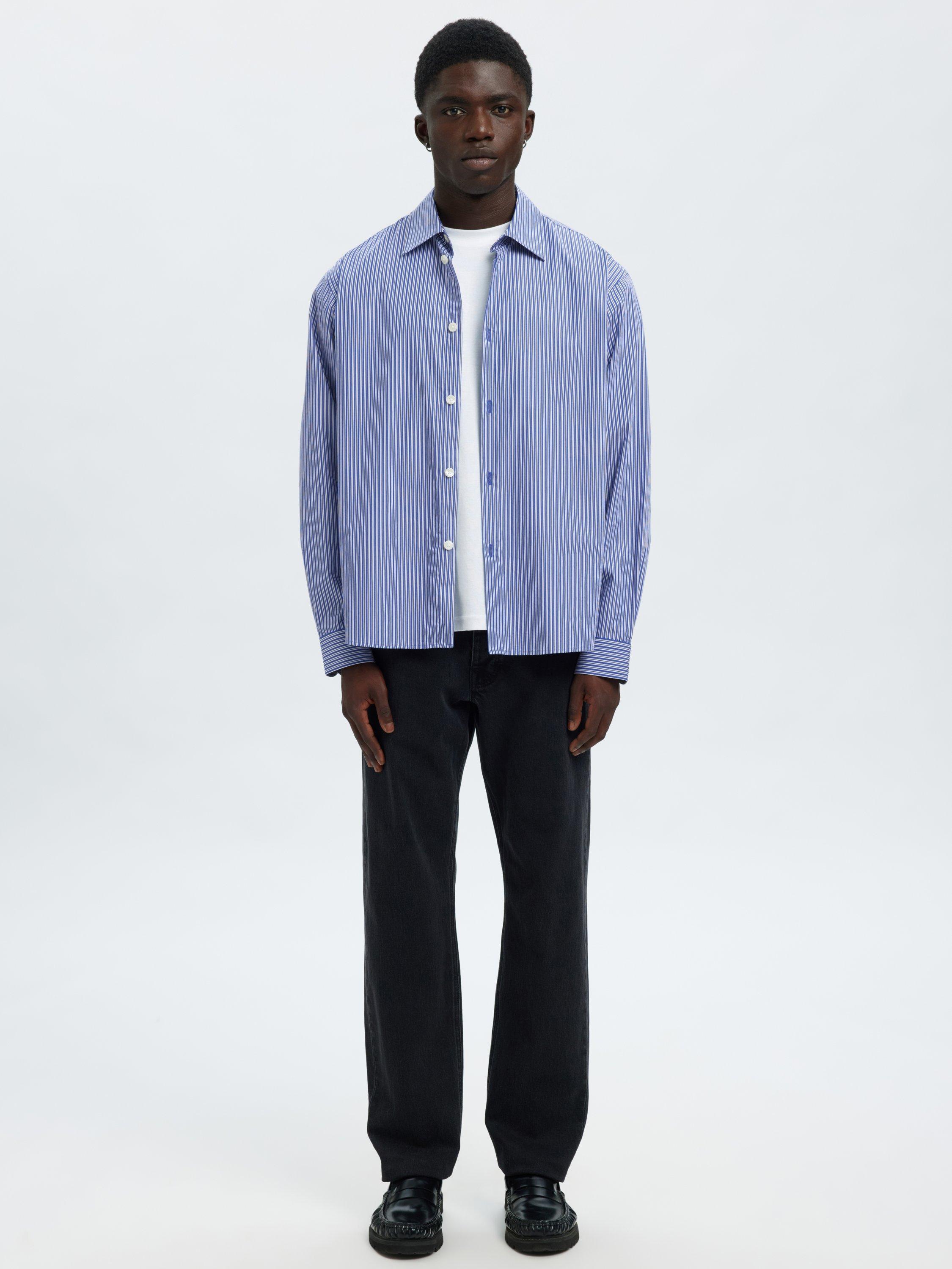 Product image 3 of 6, which shows Selected Henri Stripe Regular Fit Cotton Shirt, Medieval Blue, L