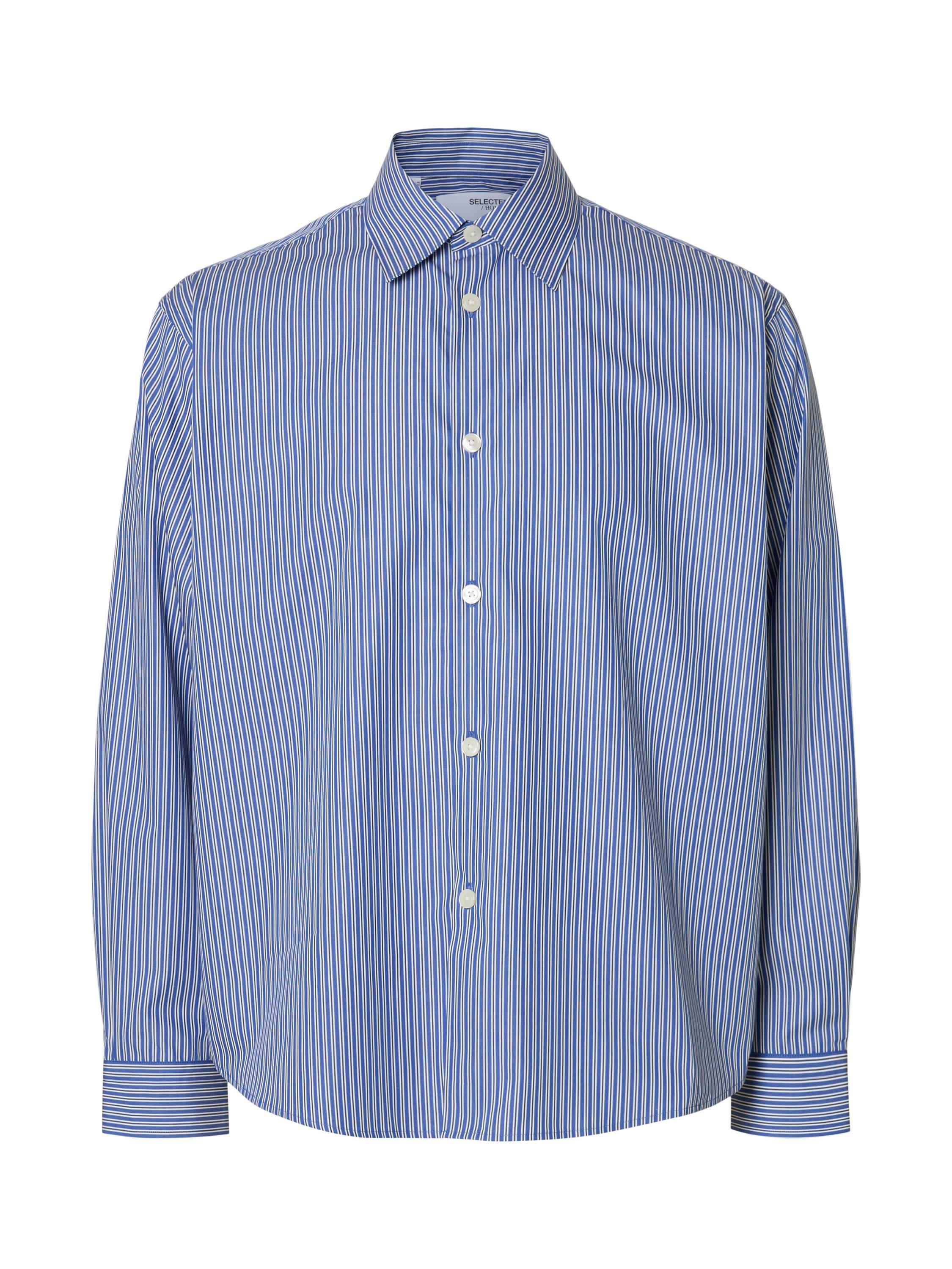 Product image 6 of 6, which shows Selected Henri Stripe Regular Fit Cotton Shirt, Medieval Blue, L
