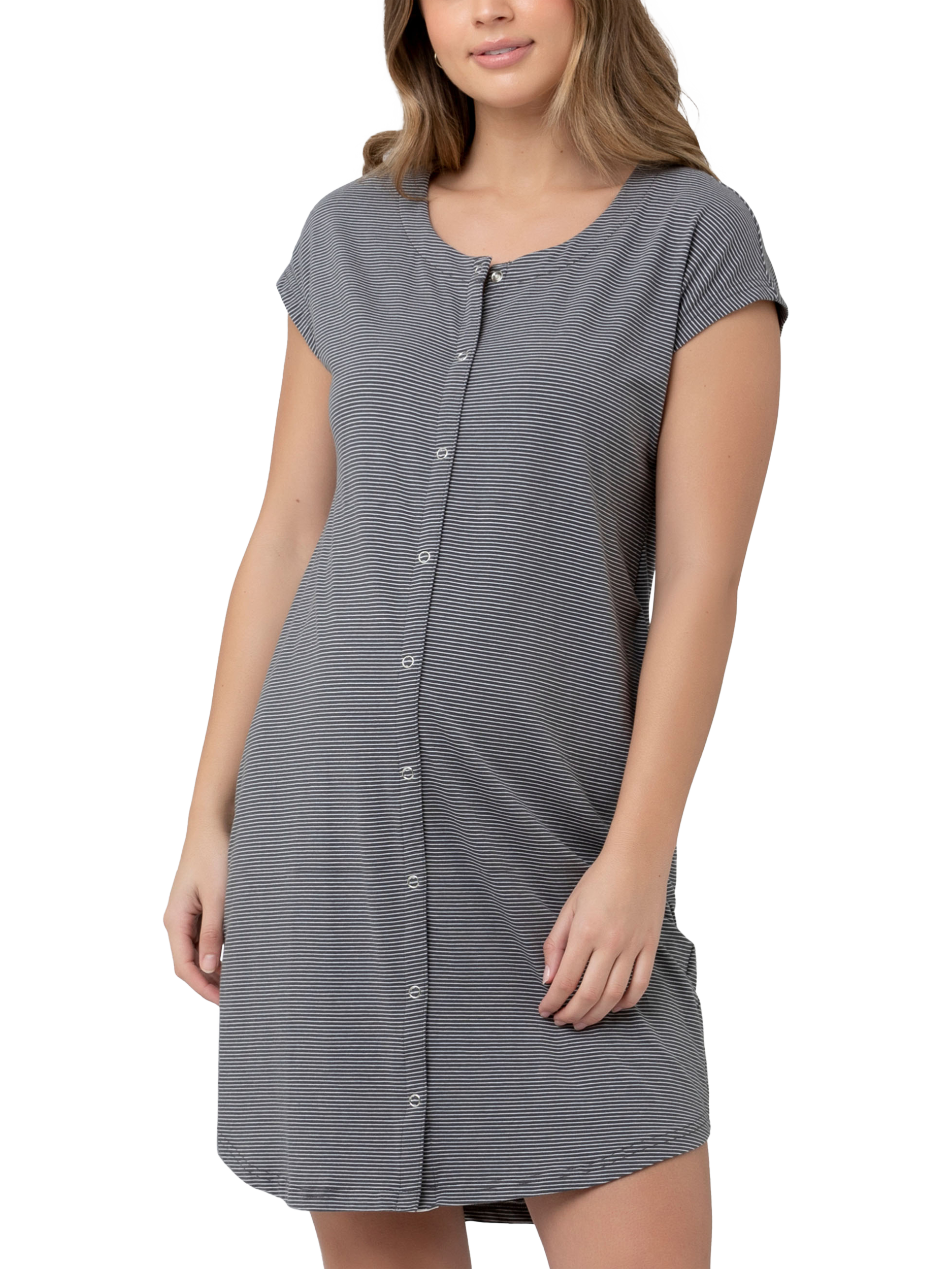 Product image 1 of 6, which shows Ripe Blake Stripe Organic Cotton Rich Maternity & Nursing Nightdress, Gunship/White, XS
