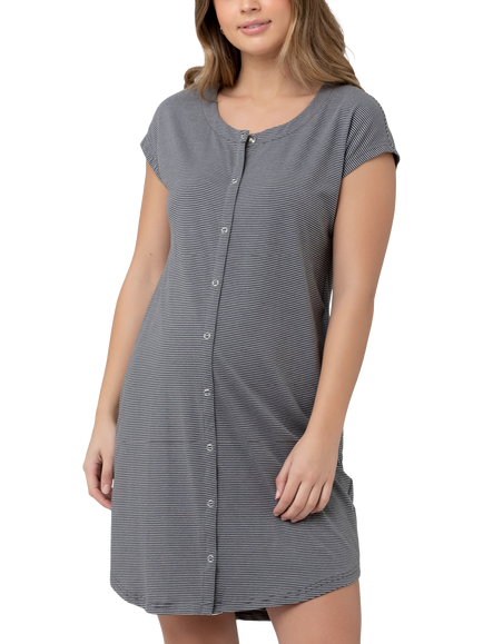 Ripe Blake Stripe Organic Cotton Rich Maternity & Nursing Nightdress, Gunship/White, Gunship/White