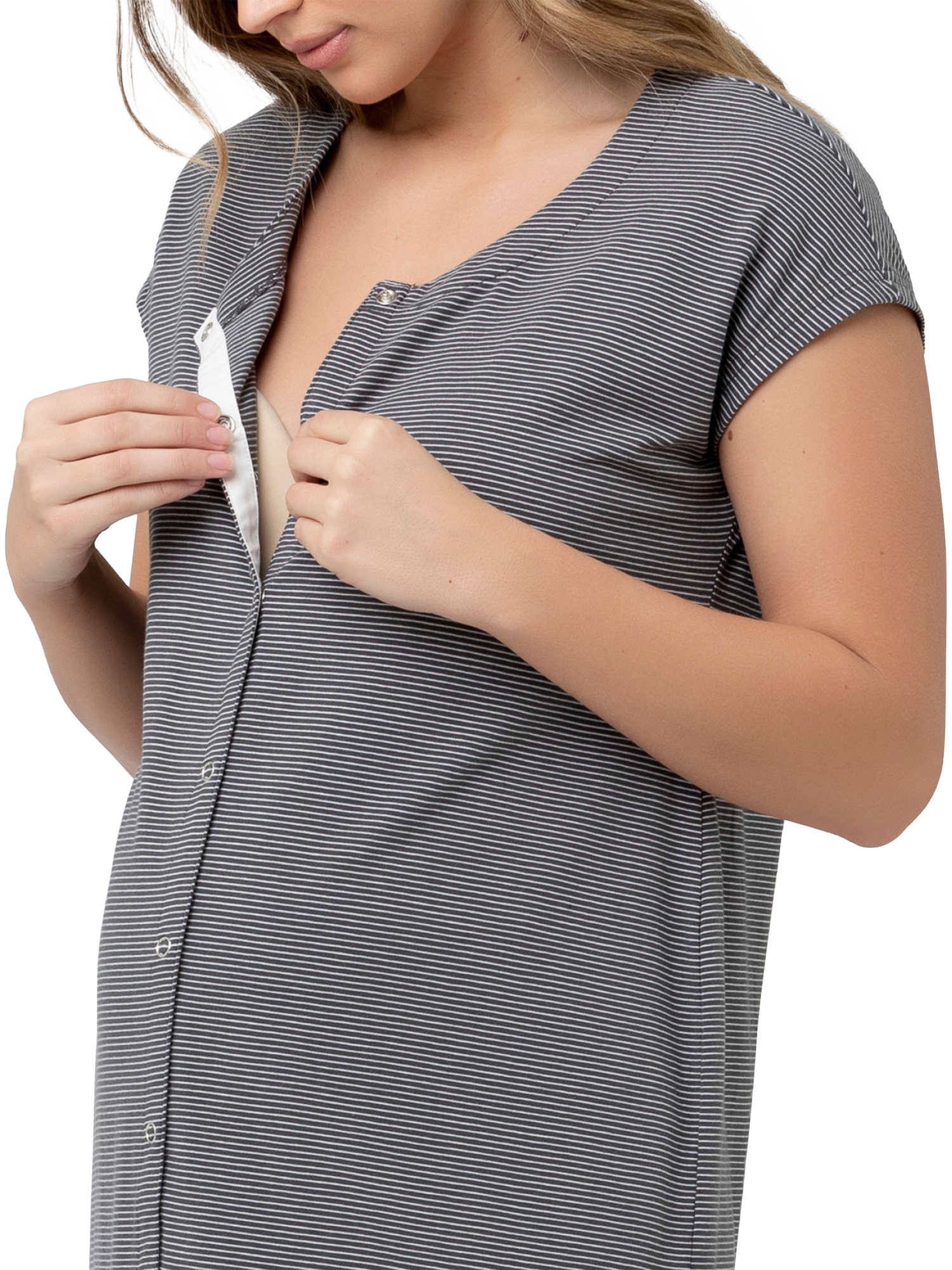Product image 2 of 6, which shows Ripe Blake Stripe Organic Cotton Rich Maternity & Nursing Nightdress, Gunship/White, XS