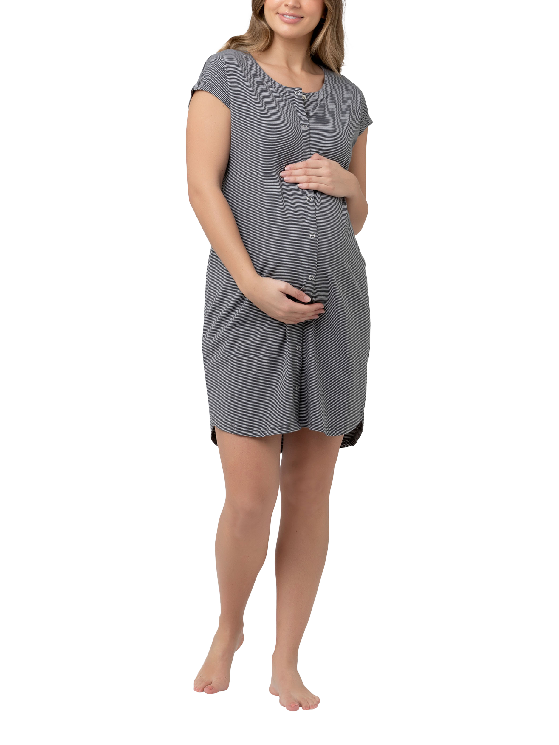 Product image 4 of 6, which shows Ripe Blake Stripe Organic Cotton Rich Maternity & Nursing Nightdress, Gunship/White, XS