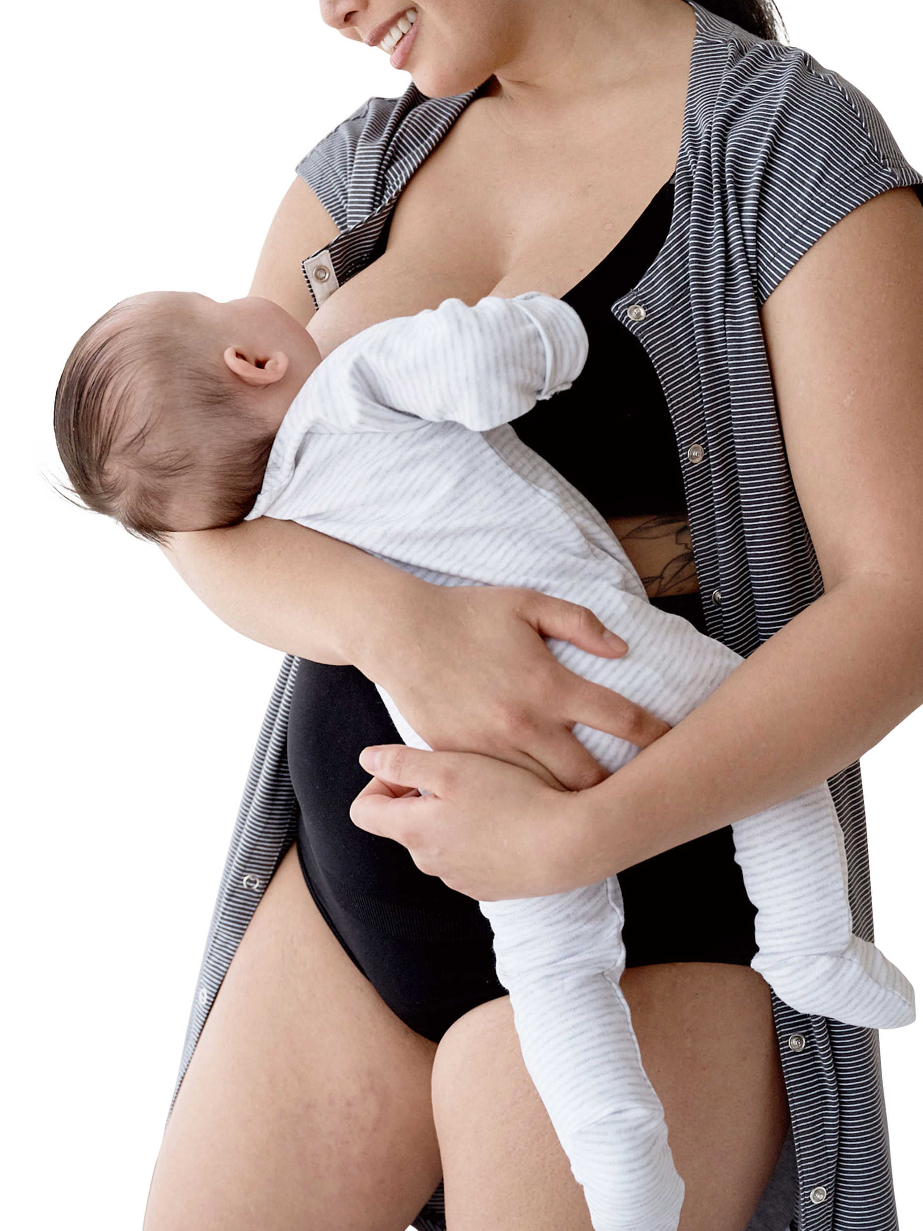 Product image 5 of 6, which shows Ripe Blake Stripe Organic Cotton Rich Maternity & Nursing Nightdress, Gunship/White, XS
