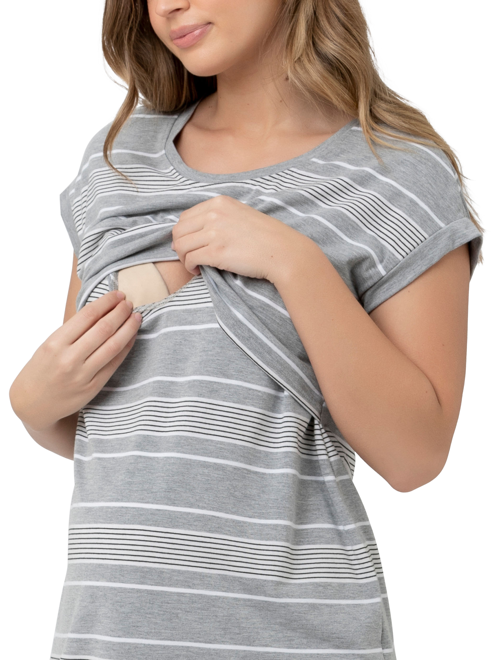 Product image 2 of 7, which shows Ripe Stevie Stripe Nursing Nightdress, Grey/White, XS