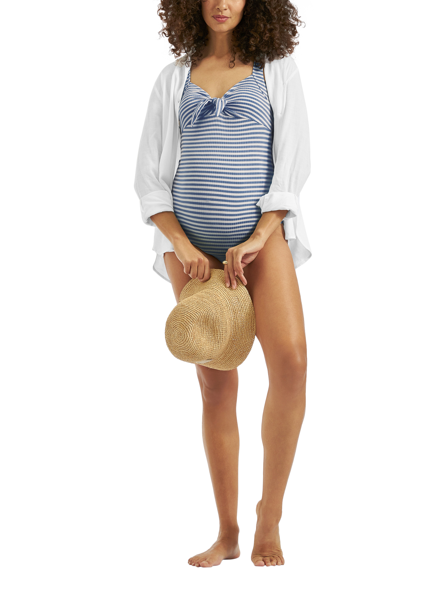 Product image 1 of 5, which shows Ripe Dune Stripe Nursing Swimsuit, Washed Indigo/White, XS