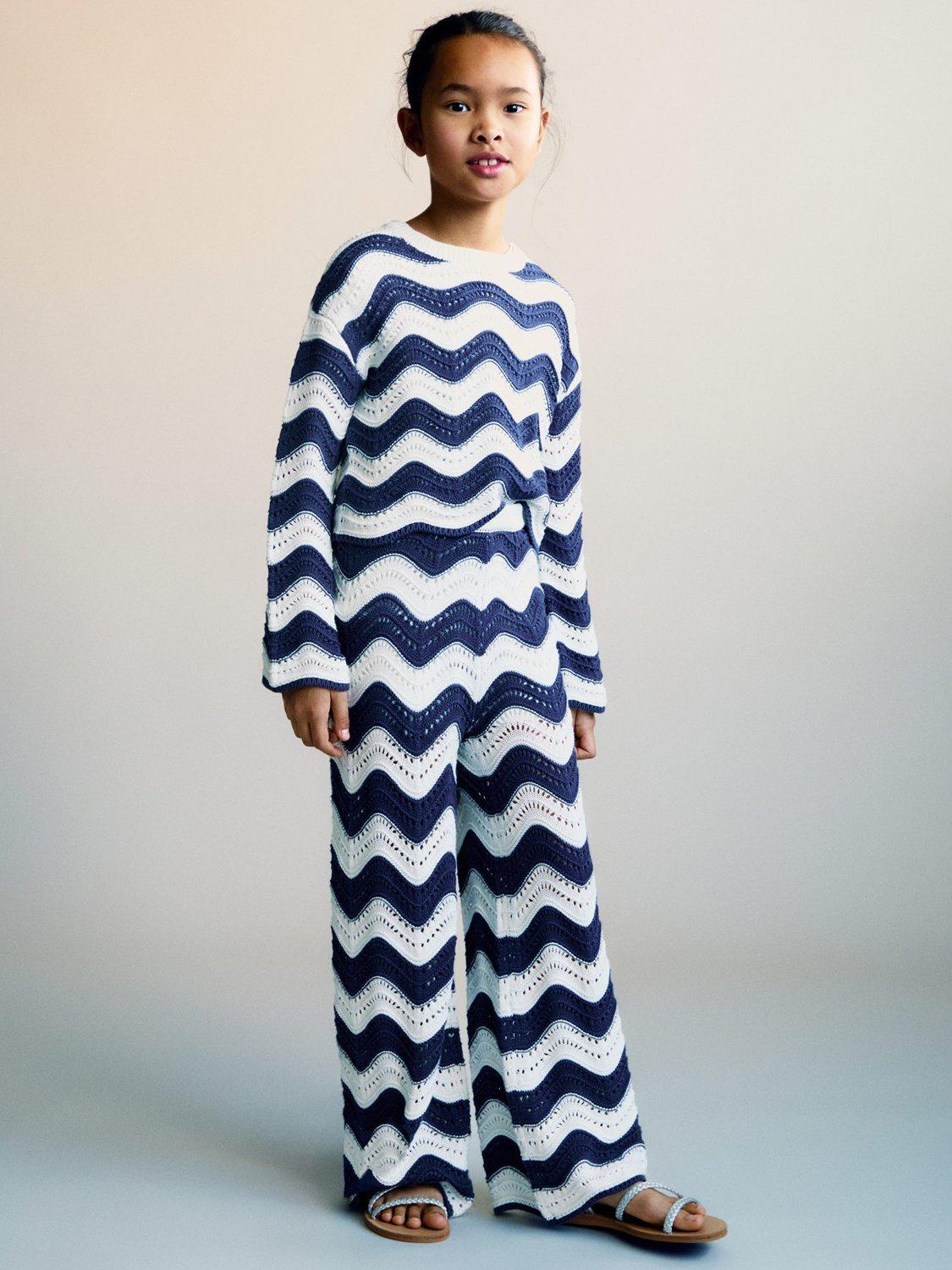 Product image 1 of 6, which shows mango Kids' Hali Cotton Crochet Wave Jumper, Medium Blue, 11-12 years