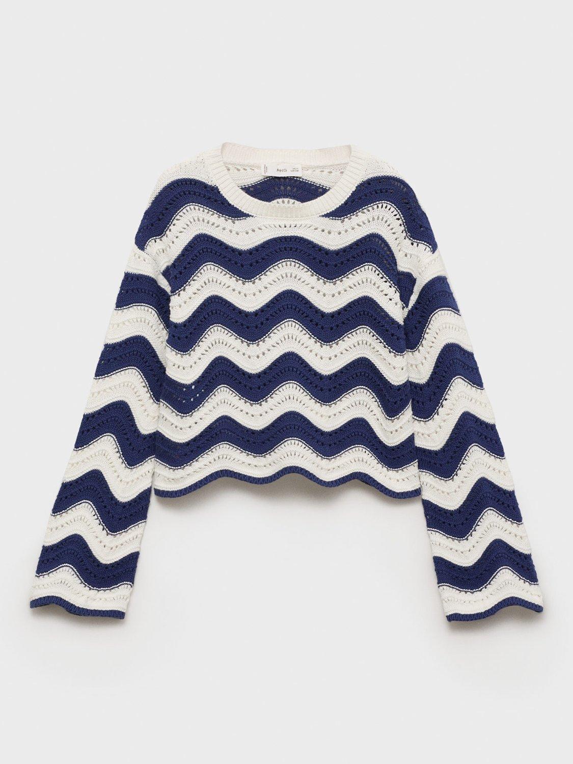 Product image 2 of 6, which shows mango Kids' Hali Cotton Crochet Wave Jumper, Medium Blue, 11-12 years