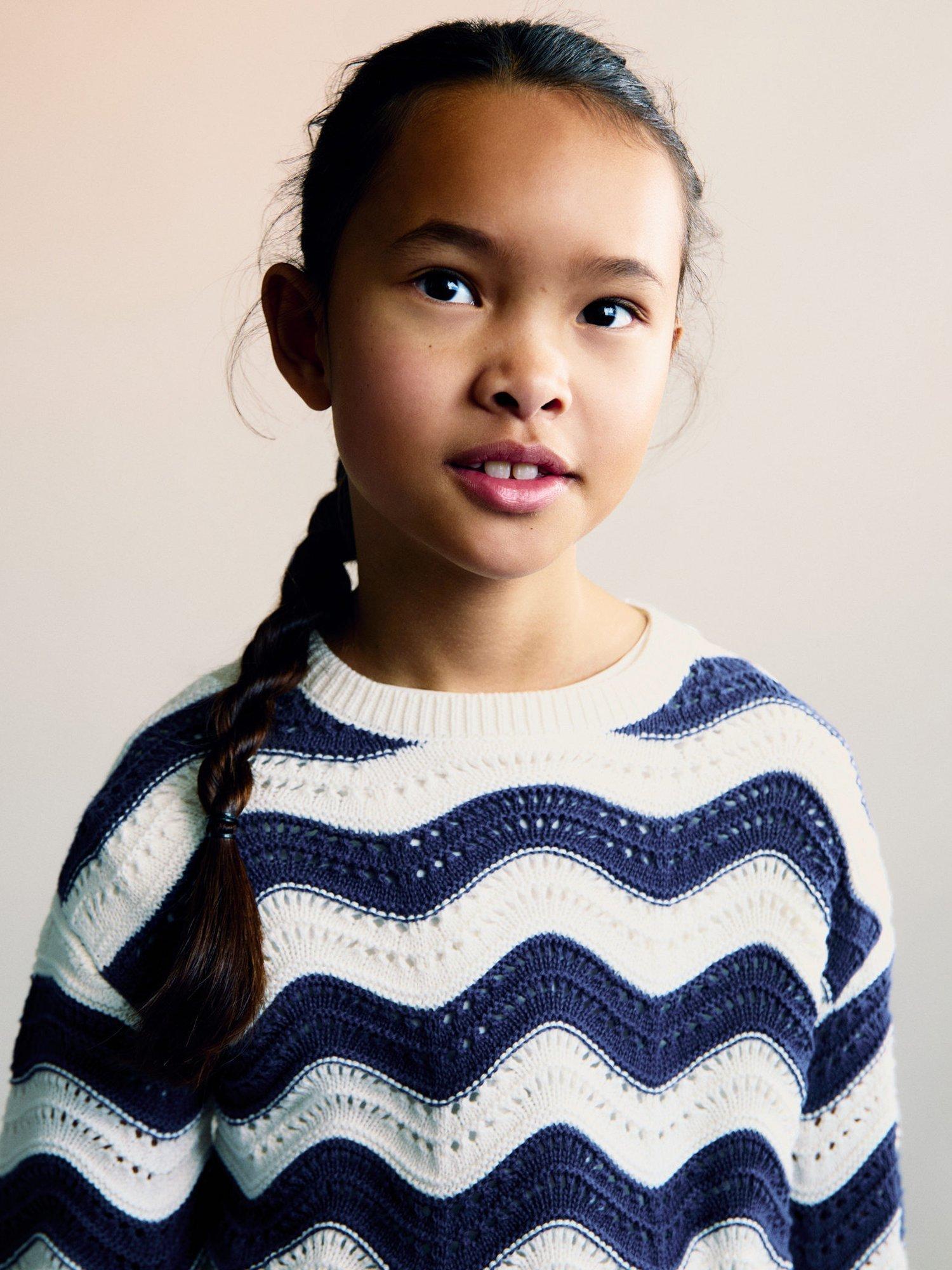 Product image 5 of 6, which shows mango Kids' Hali Cotton Crochet Wave Jumper, Medium Blue, 11-12 years