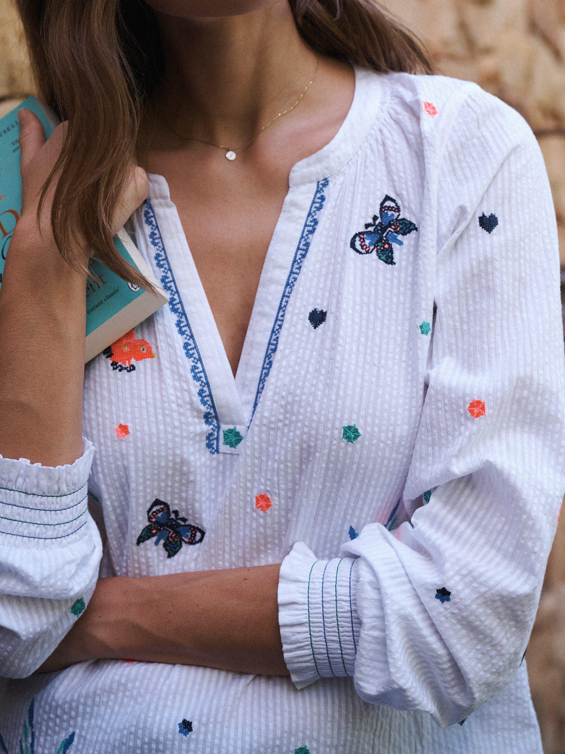 Product image 2 of 8, which shows NRBY Lovebird Embroidered Cotton Shirt, White, XS
