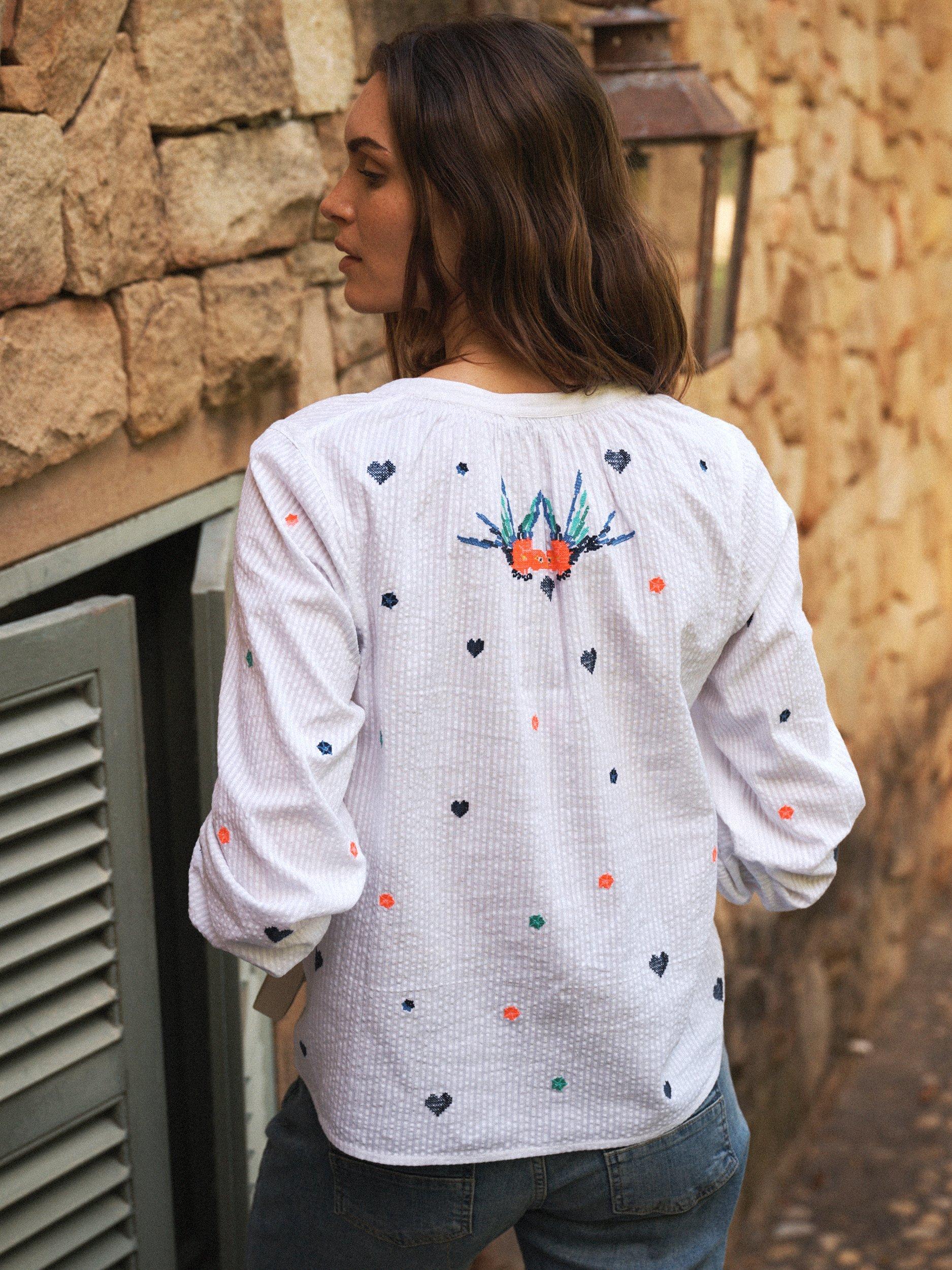 Product image 4 of 8, which shows NRBY Lovebird Embroidered Cotton Shirt, White, XS