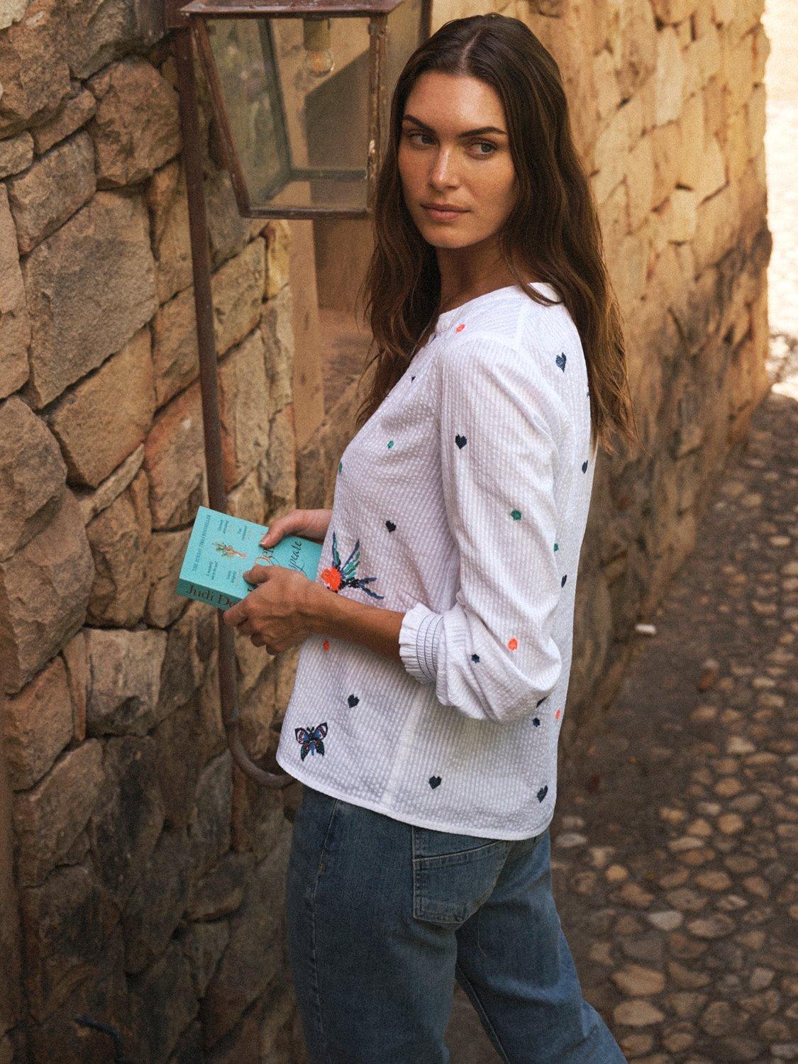 Product image 5 of 8, which shows NRBY Lovebird Embroidered Cotton Shirt, White, XS
