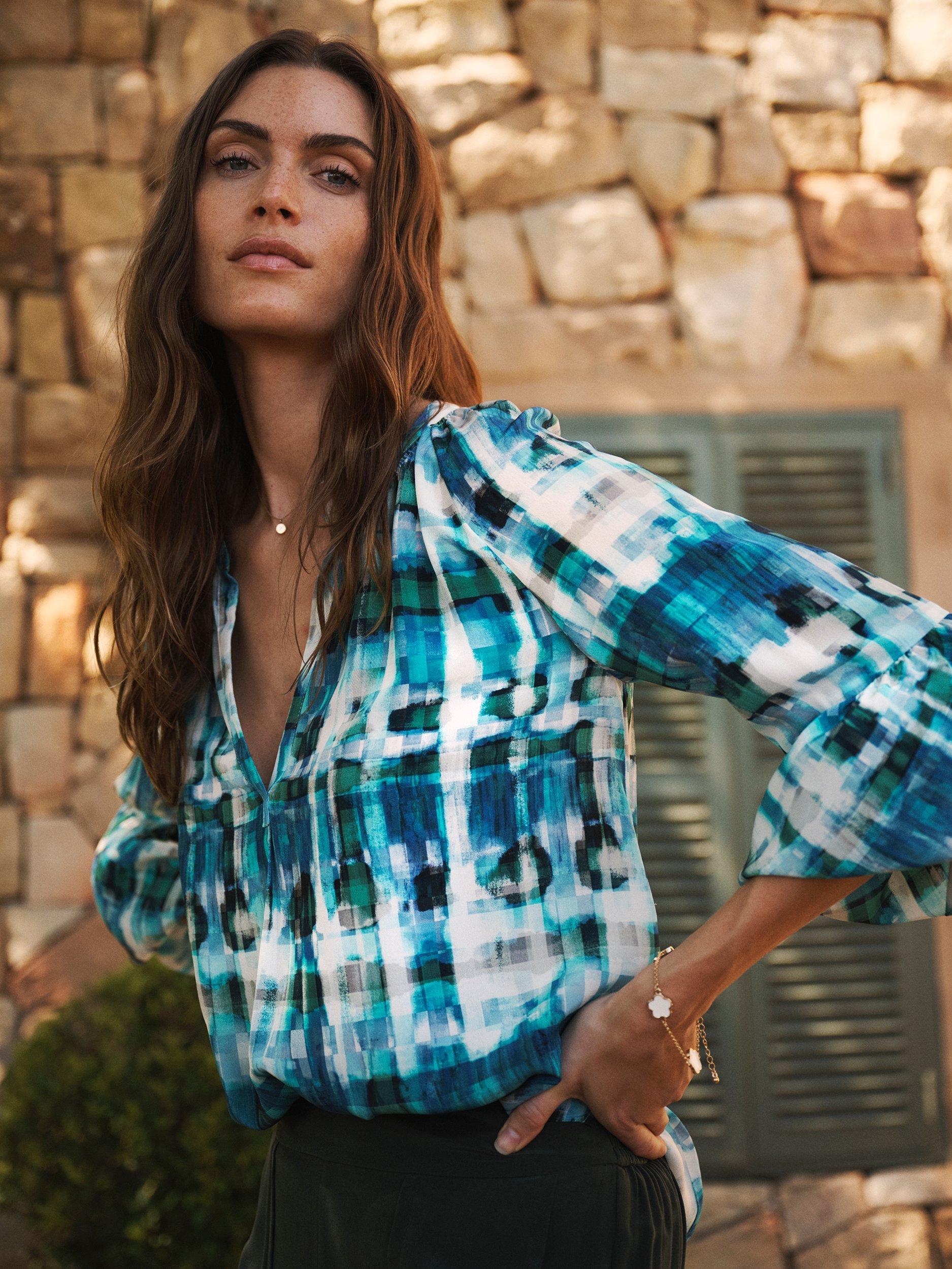 Product image 1 of 7, which shows NRBY Ophelia Soft Check Pure Silk Shirt, Blue/Multi, XS