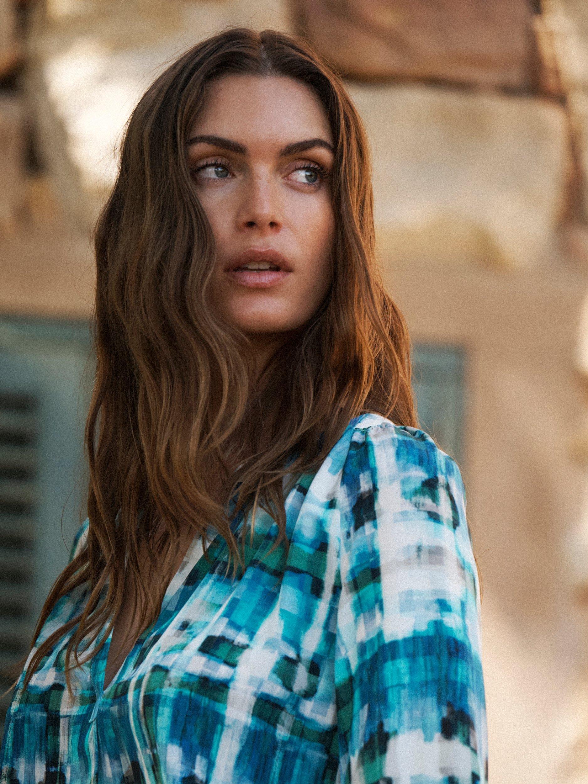 Product image 3 of 7, which shows NRBY Ophelia Soft Check Pure Silk Shirt, Blue/Multi, XS