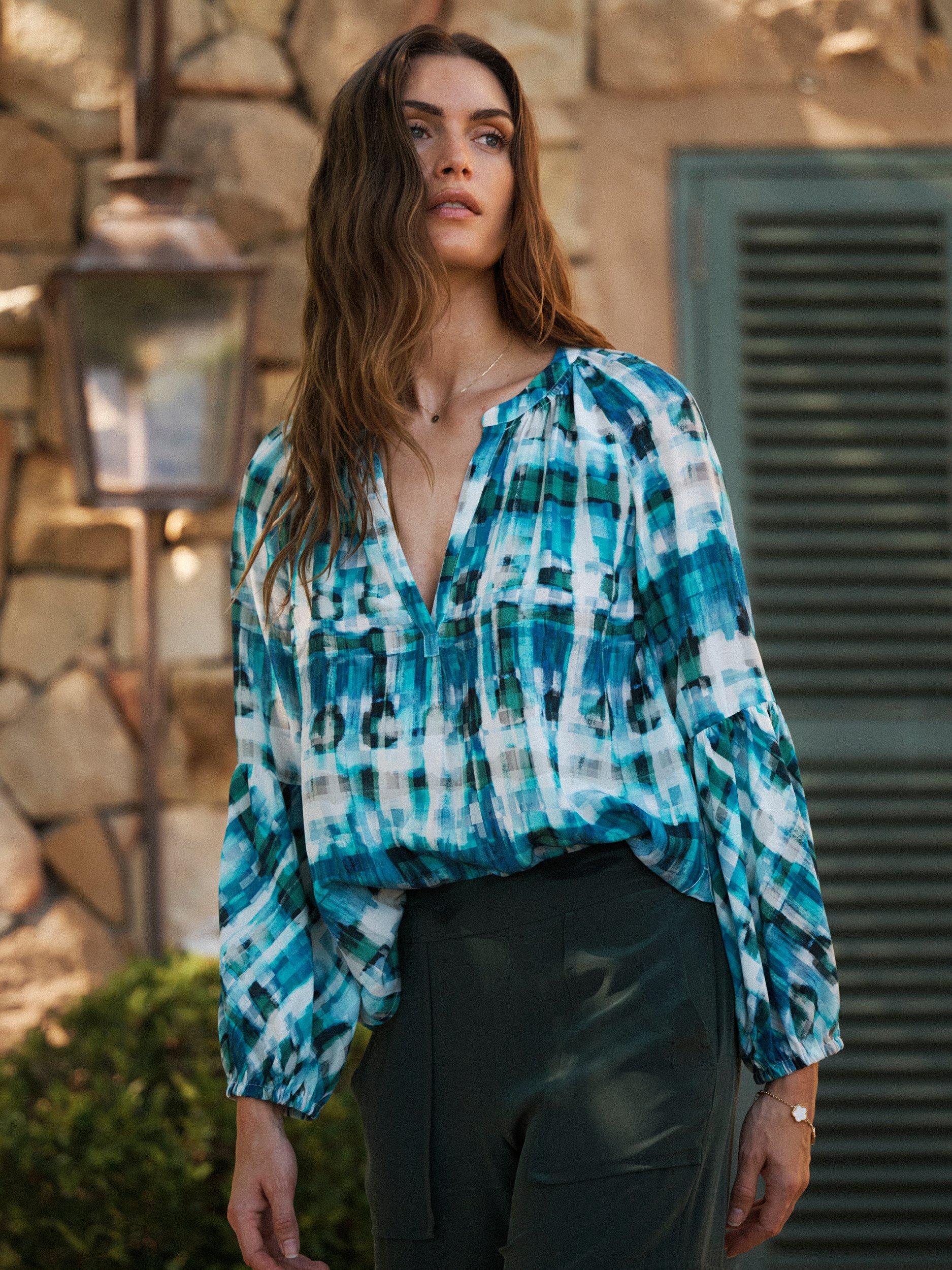 Product image 4 of 7, which shows NRBY Ophelia Soft Check Pure Silk Shirt, Blue/Multi, XS