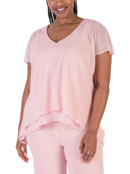 chesca Chiffon Short Sleeved Double Layer Top, Blossom, Blossom