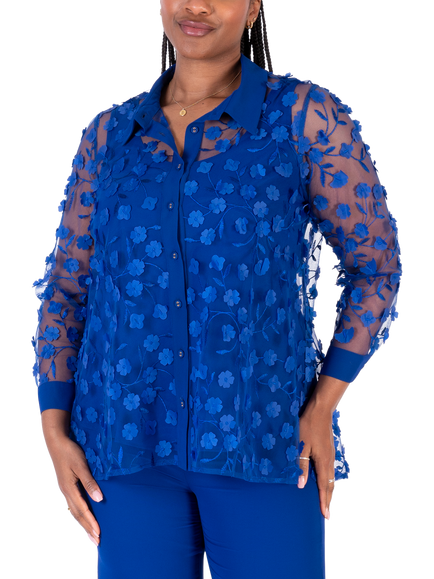 chesca Mesh Daisy Applique Long Sleeved Shirt, Blue, Blue