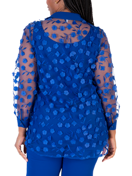 chesca Mesh Daisy Applique Long Sleeved Shirt, Blue - view 2, Blue
