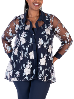 chesca Mesh Floral Embroidered Long Sleeved Shirt, Navy/Multi, Navy/Multi