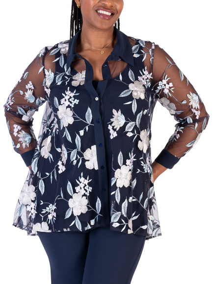 chesca Mesh Floral Embroidered Long Sleeved Shirt, Navy/Multi, Navy/Multi