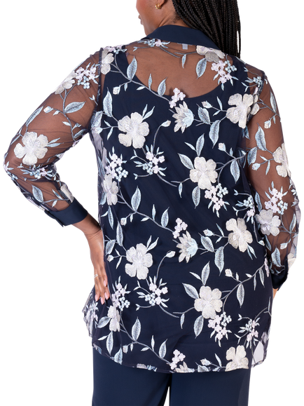 chesca Mesh Floral Embroidered Long Sleeved Shirt, Navy/Multi - view 2, Navy/Multi