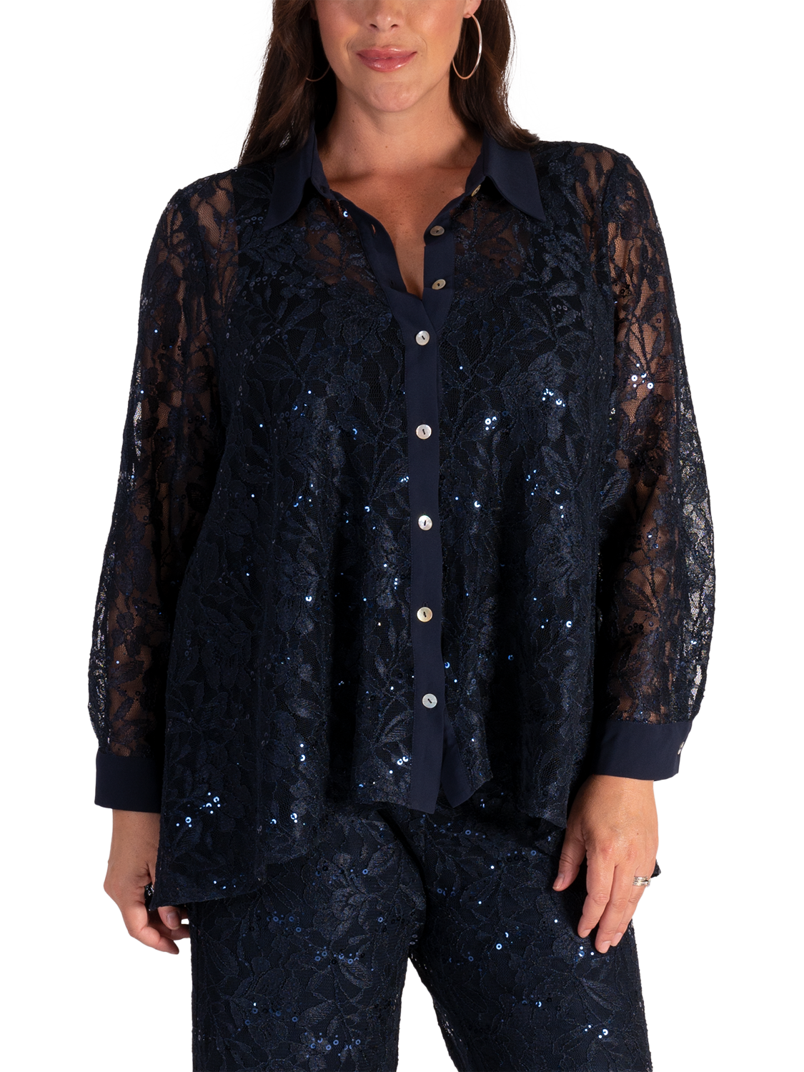 Product image 1 of 6, which shows chesca Floral Lace Shirt, Dark Navy, 12-14