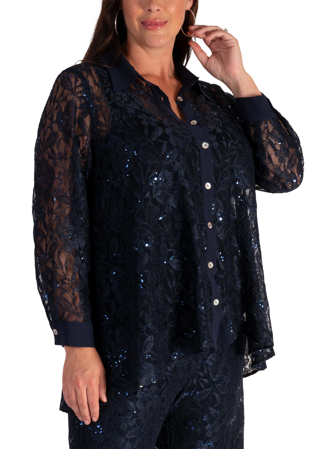 Product image 3 of 6, which shows chesca Floral Lace Shirt, Dark Navy, 12-14
