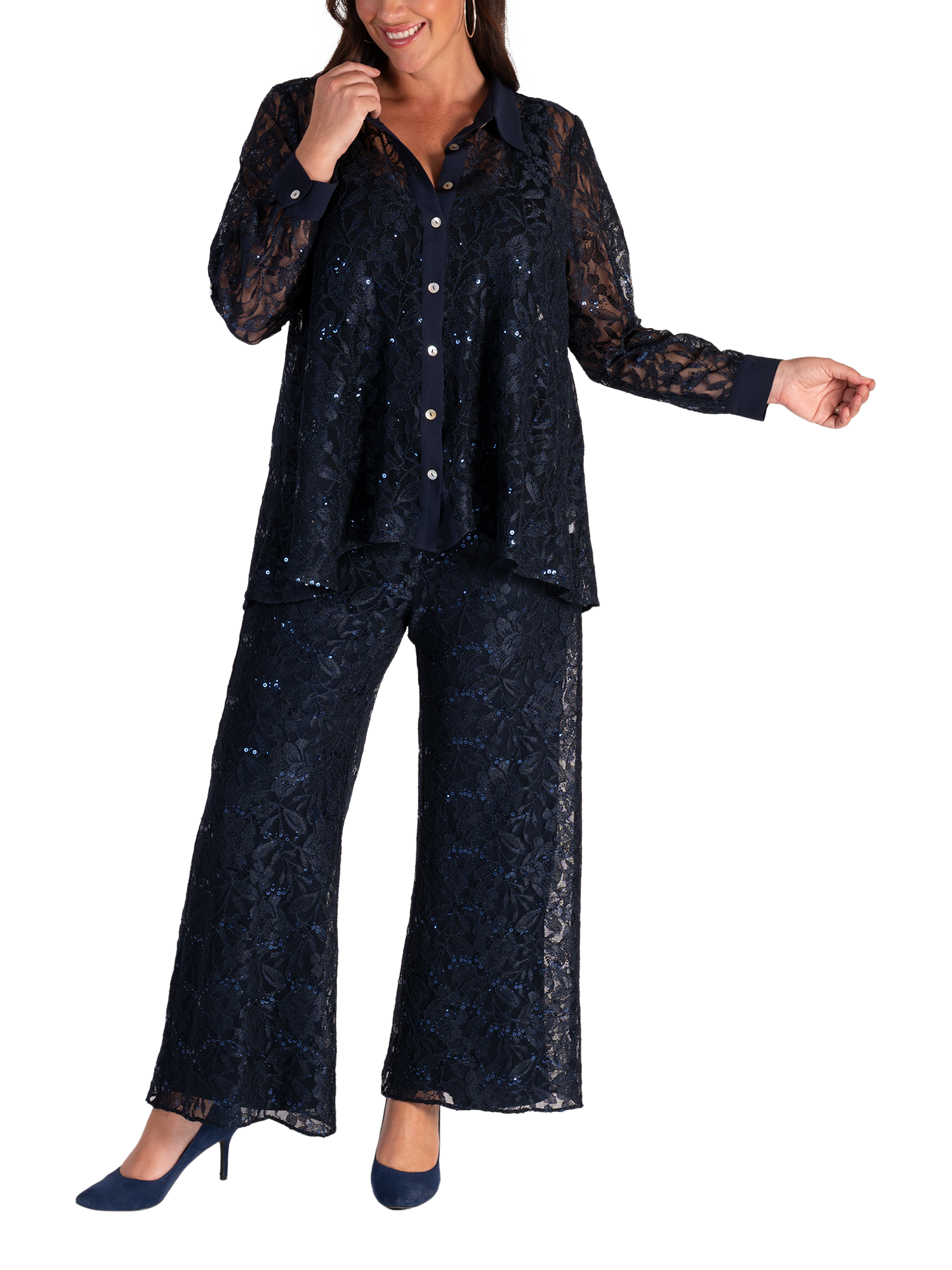 Product image 4 of 6, which shows chesca Floral Lace Shirt, Dark Navy, 12-14