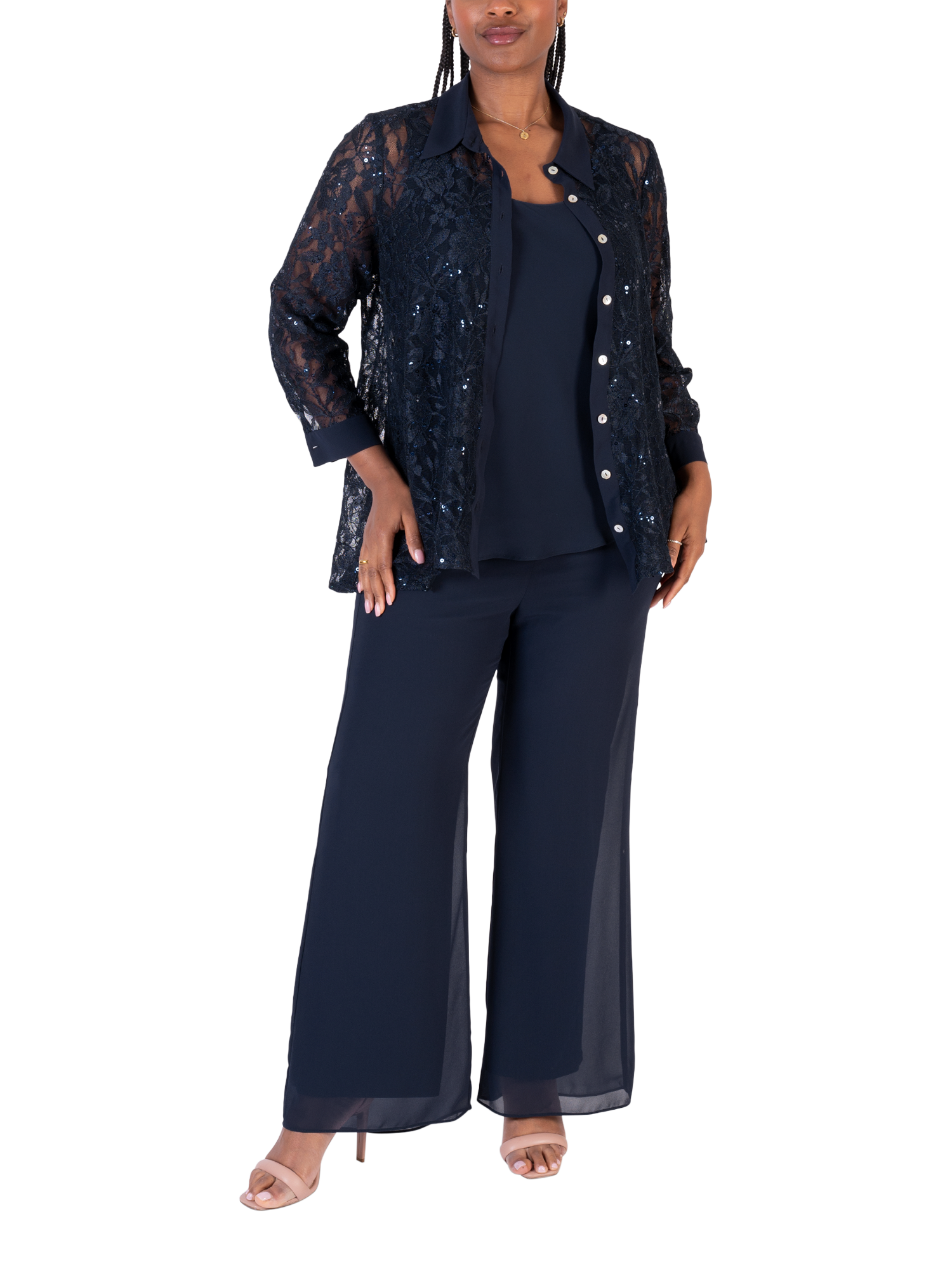 Product image 5 of 6, which shows chesca Floral Lace Shirt, Dark Navy, 12-14