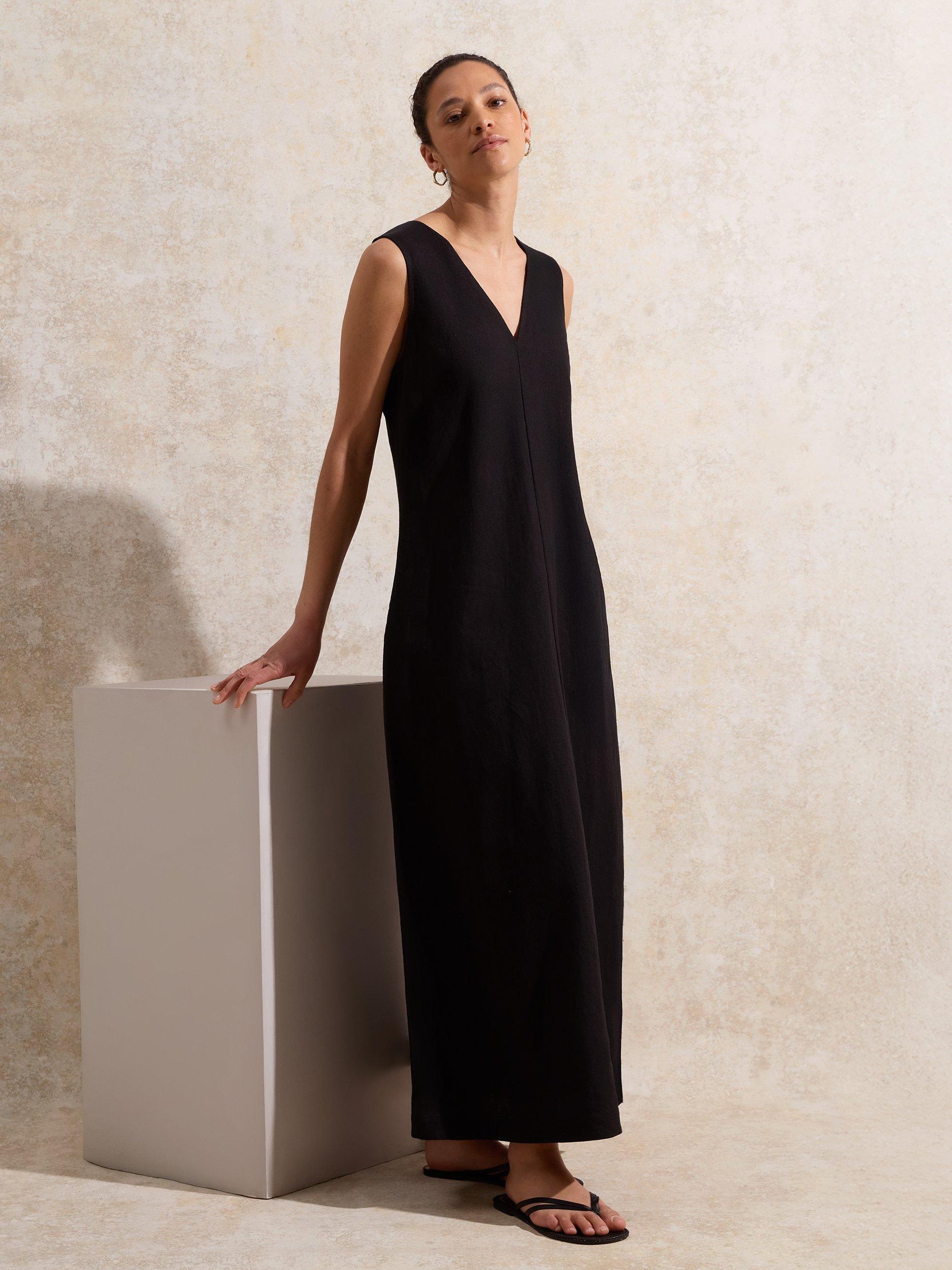 Product image 1 of 5, which shows Ro&Zo Linen Blend Sleeveless V-Neck Midi Dress, Black, 6
