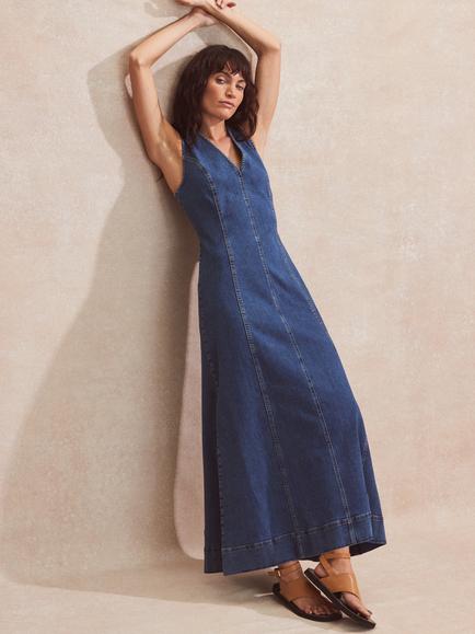 Ro&Zo Cotton Blend Denim V-Neck Maxi Dress, Blue