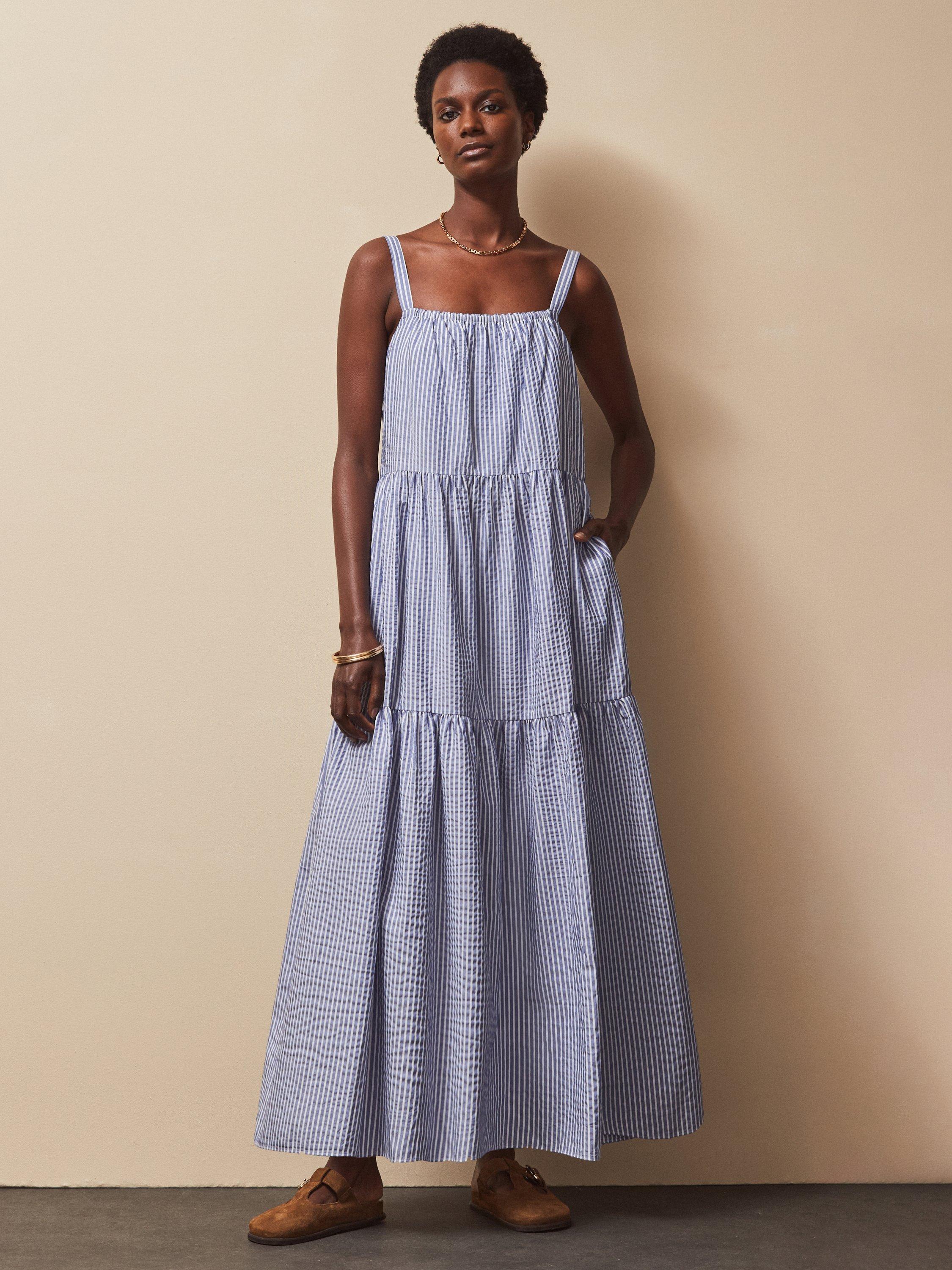 Product image 1 of 4, which shows Ro&Zo Stripe Tiered Dress, Blue, 6