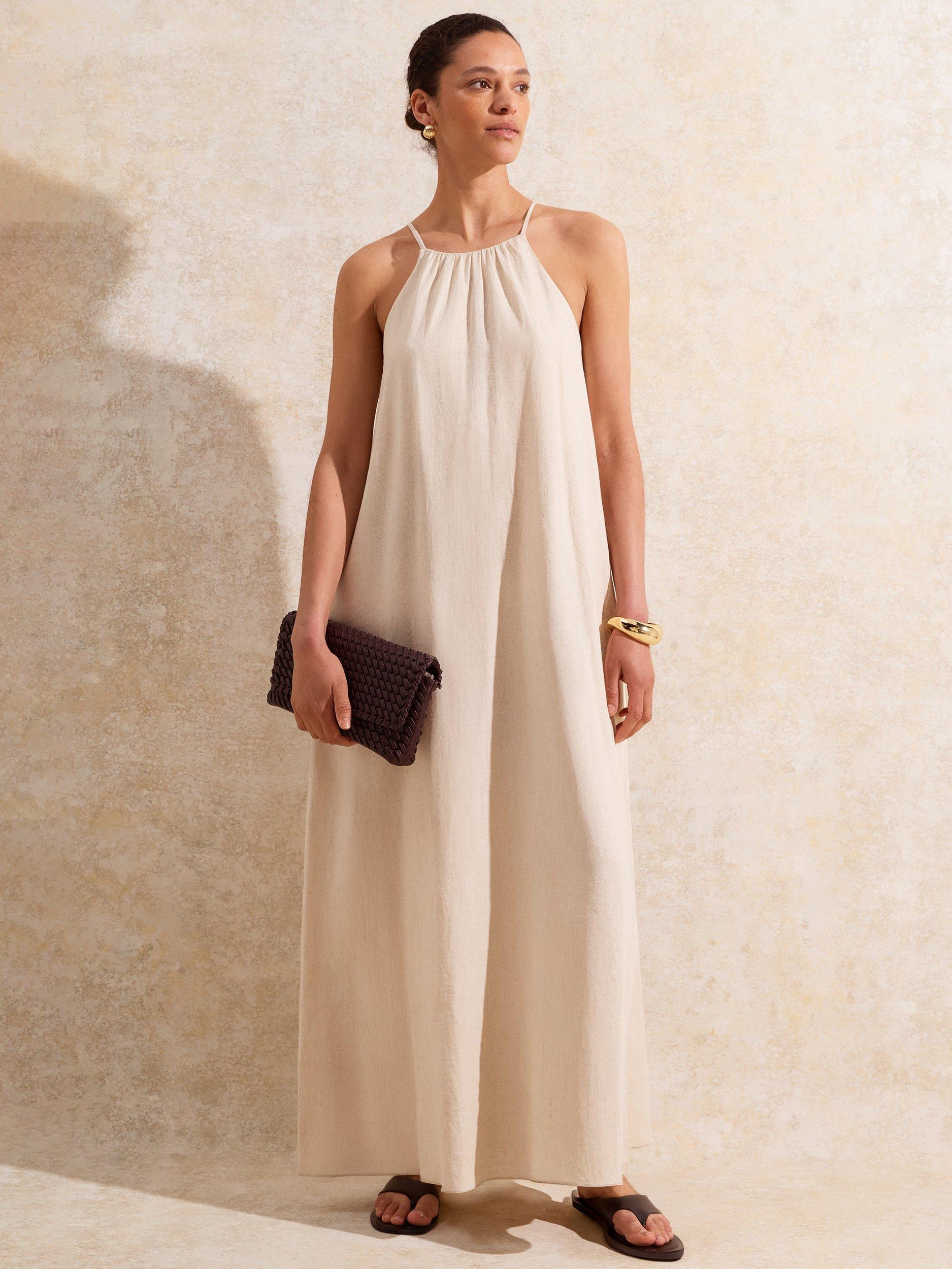 Product image 1 of 5, which shows Ro&Zo Linen Blend Petite Ecru Tie-Detail Dress, Natural, 6Pt