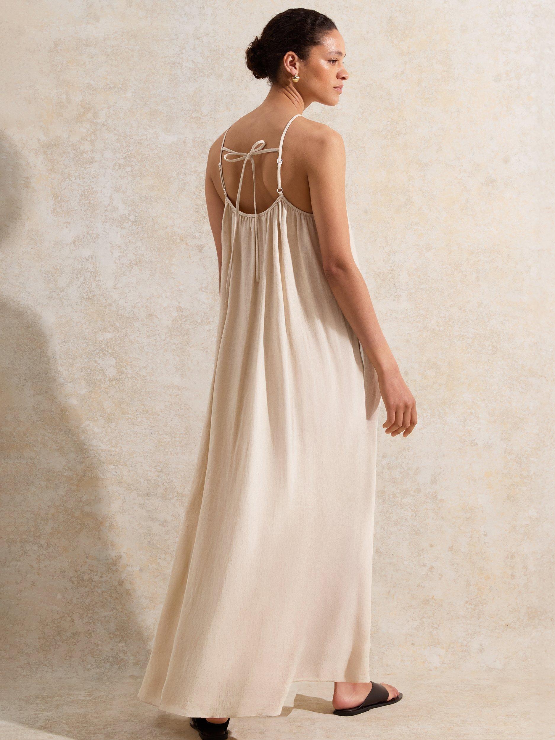 Product image 5 of 5, which shows Ro&Zo Linen Blend Petite Ecru Tie-Detail Dress, Natural, 6Pt