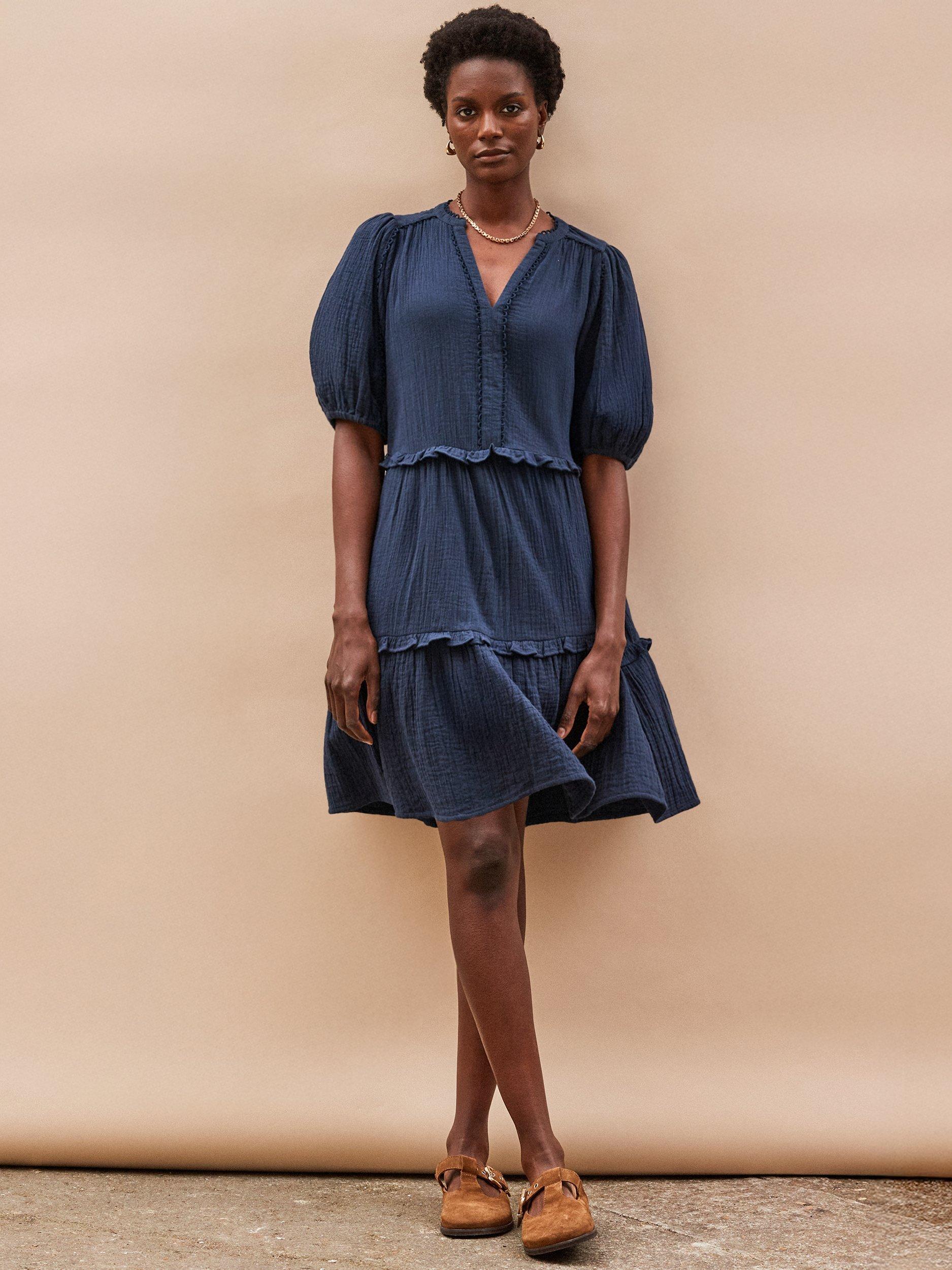 Product image 1 of 4, which shows Ro&Zo Petite Cotton Short Sleeve A Line Mini Dress, Blue, 10Pt