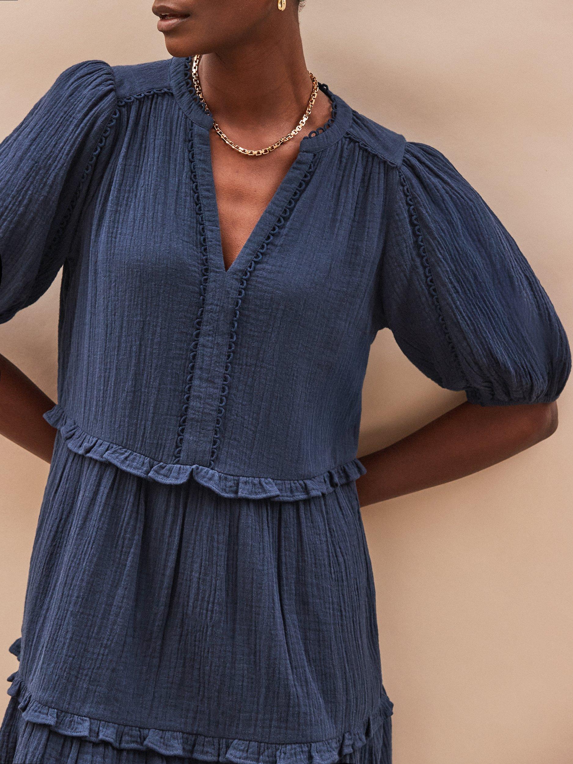 Product image 3 of 4, which shows Ro&Zo Petite Cotton Short Sleeve A Line Mini Dress, Blue, 10Pt