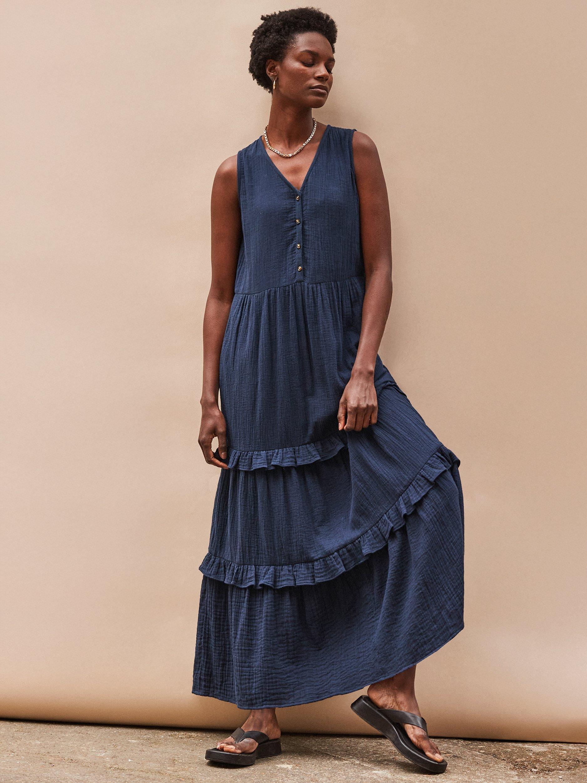 Product image 1 of 3, which shows Ro&Zo Cotton Petite Sleeveless V-Neck Midi Dress, Blue, 12Pt