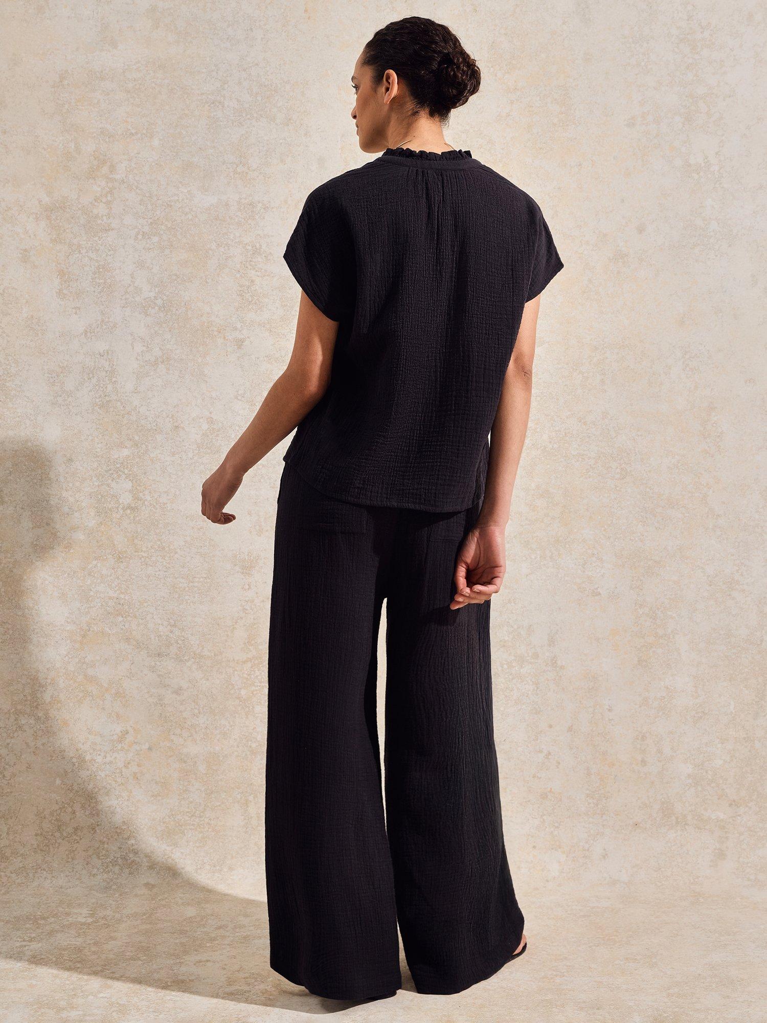 Product image 2 of 4, which shows Ro&Zo Cotton Short Sleeve Frill Neck Top, Black, 6