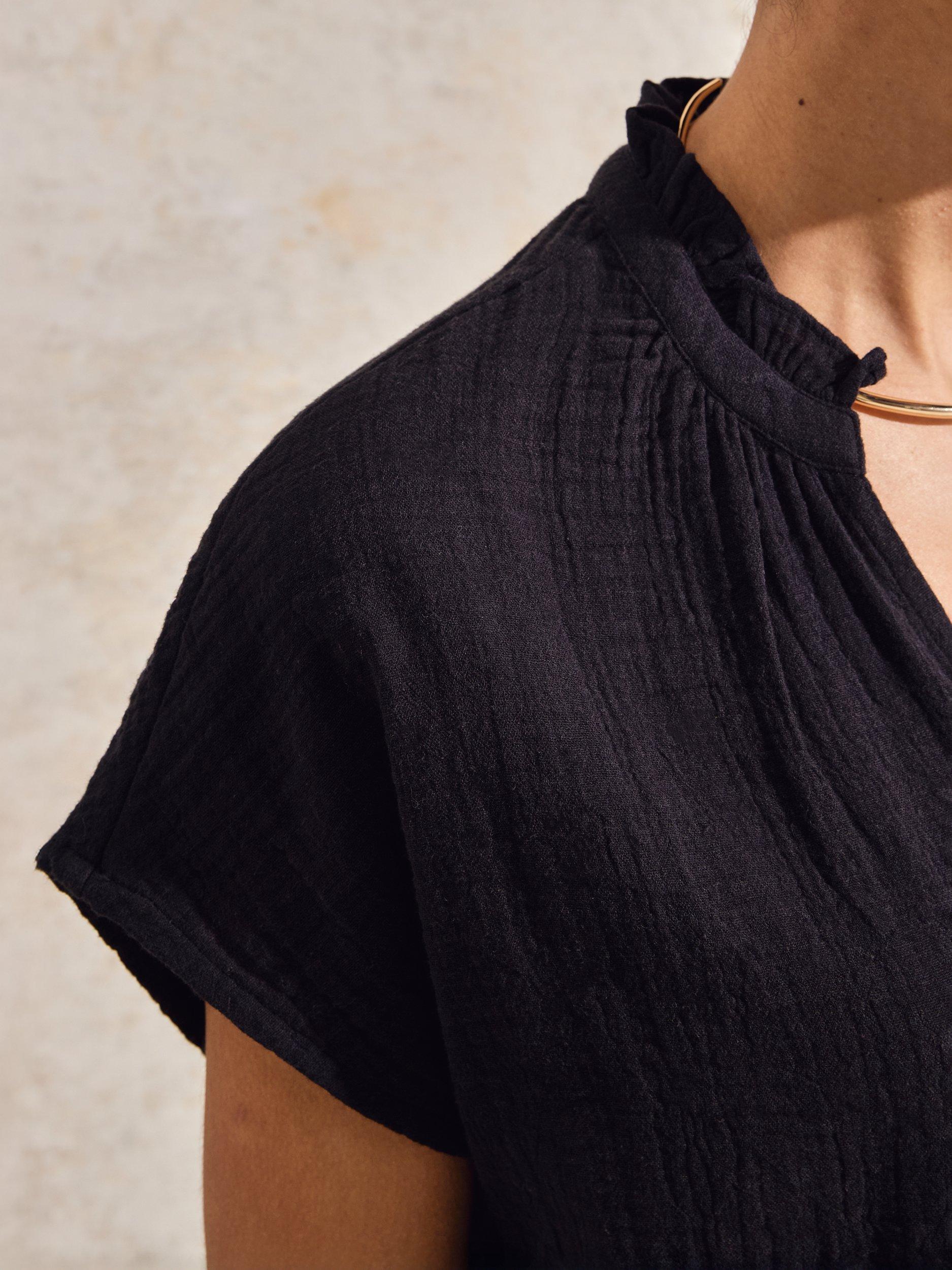 Product image 3 of 4, which shows Ro&Zo Cotton Short Sleeve Frill Neck Top, Black, 6