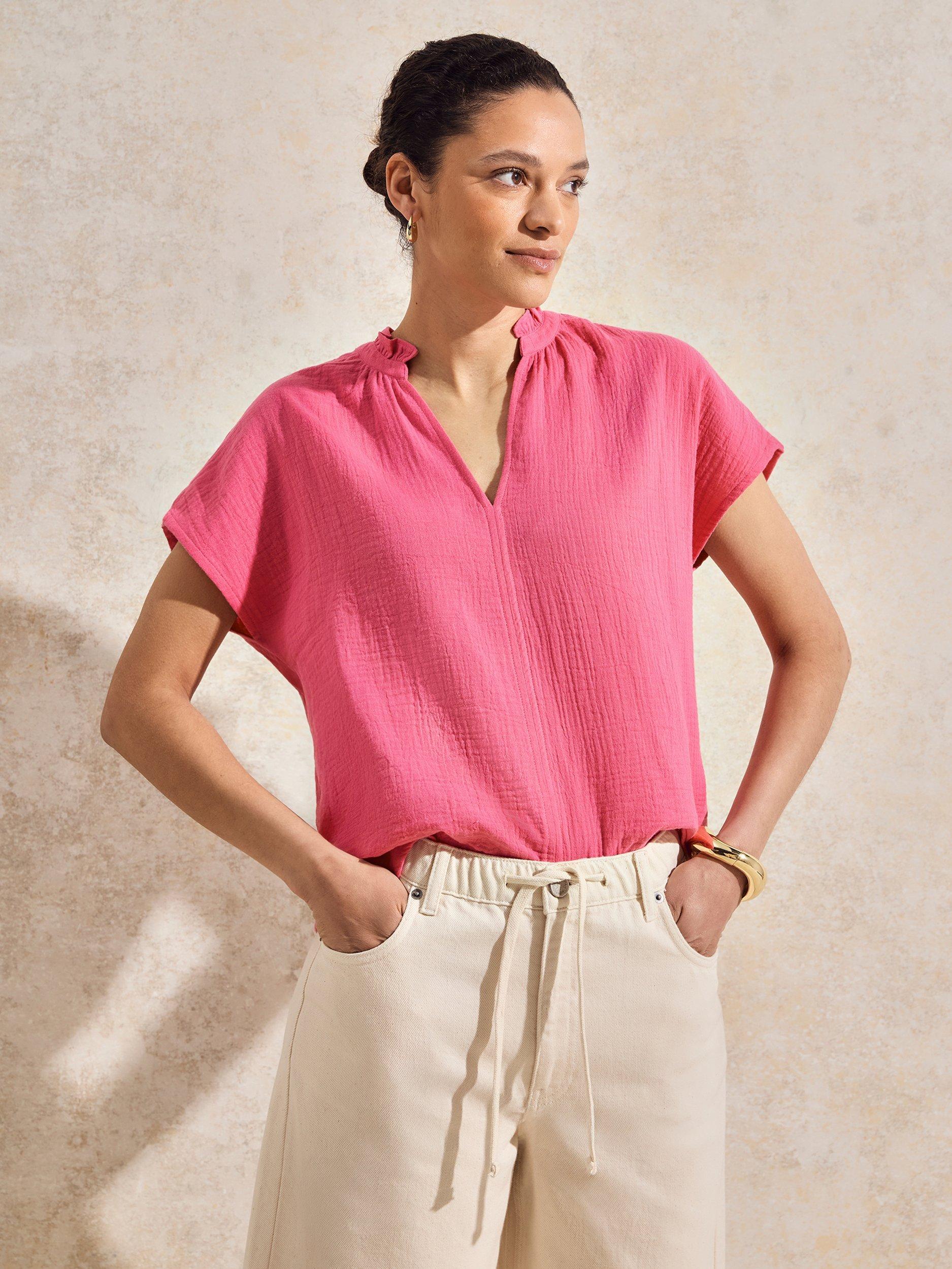 Product image 1 of 4, which shows Ro&Zo Cotton Short Sleeve Frill Neck Top, Pink, 6