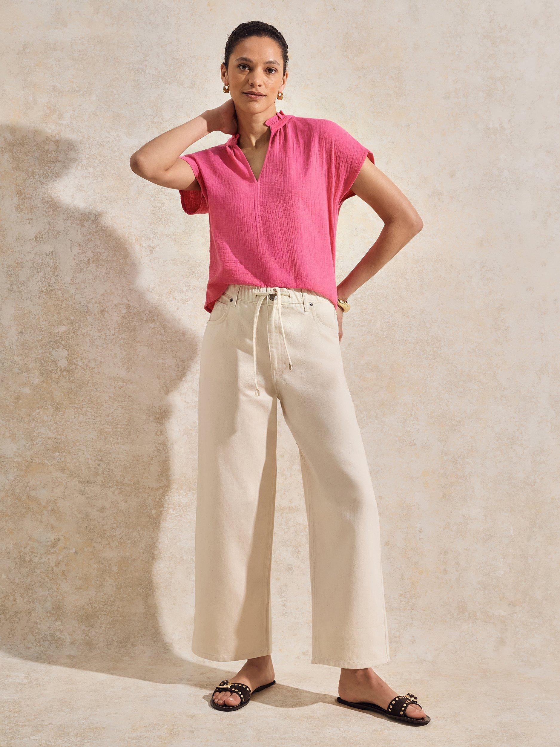 Product image 3 of 4, which shows Ro&Zo Cotton Short Sleeve Frill Neck Top, Pink, 6
