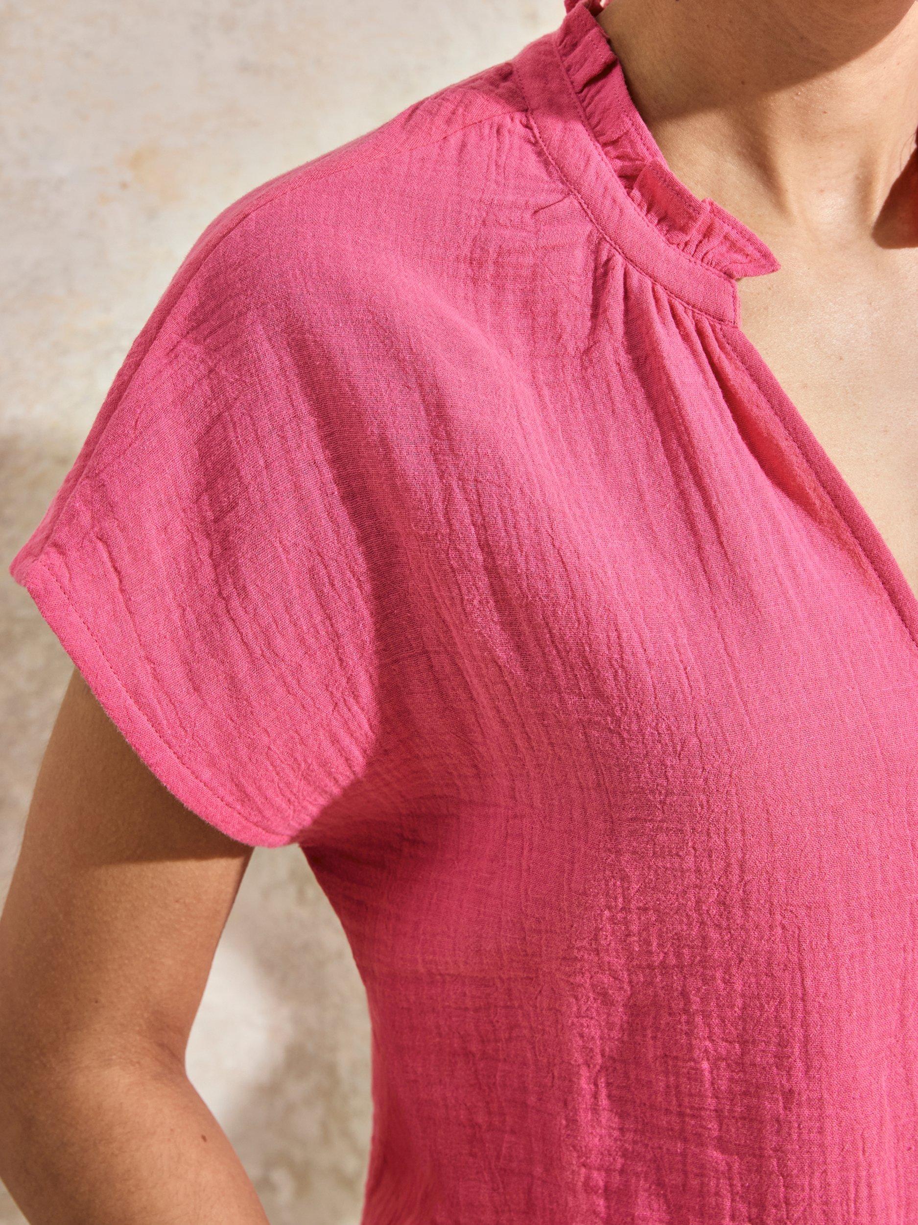Product image 4 of 4, which shows Ro&Zo Cotton Short Sleeve Frill Neck Top, Pink, 6