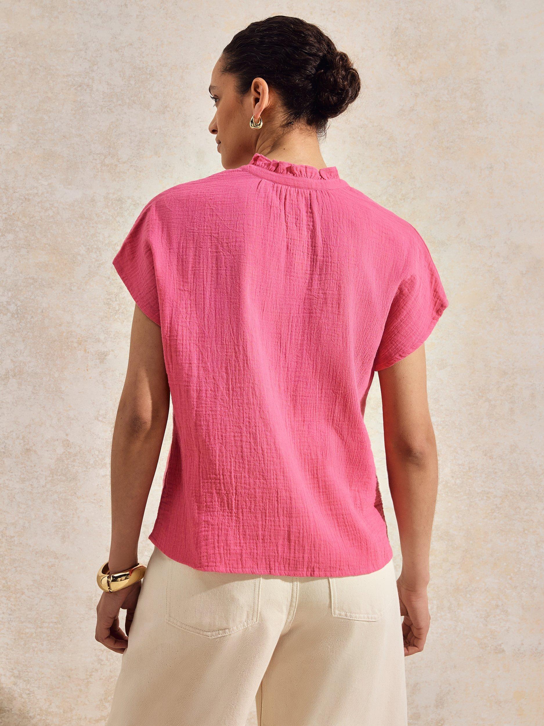 Product image 2 of 4, which shows Ro&Zo Cotton Short Sleeve Frill Neck Top, Pink, 6