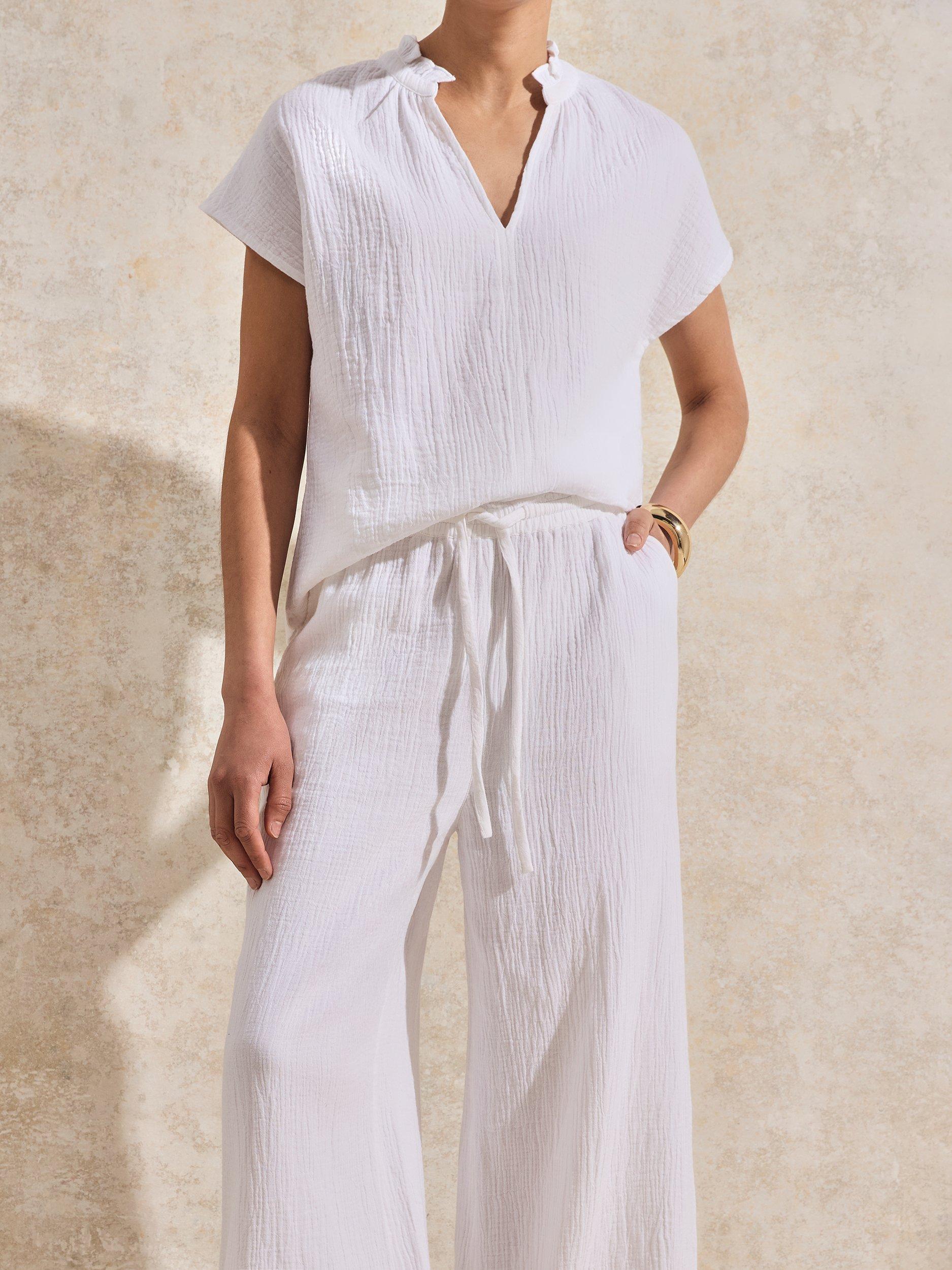 Product image 2 of 3, which shows Ro&Zo Cotton Short Sleeve Frill Neck Top, White, 8