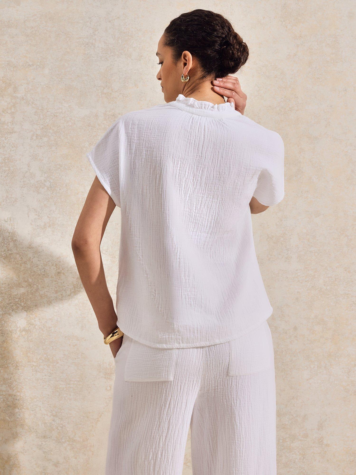 Product image 3 of 3, which shows Ro&Zo Cotton Short Sleeve Frill Neck Top, White, 8