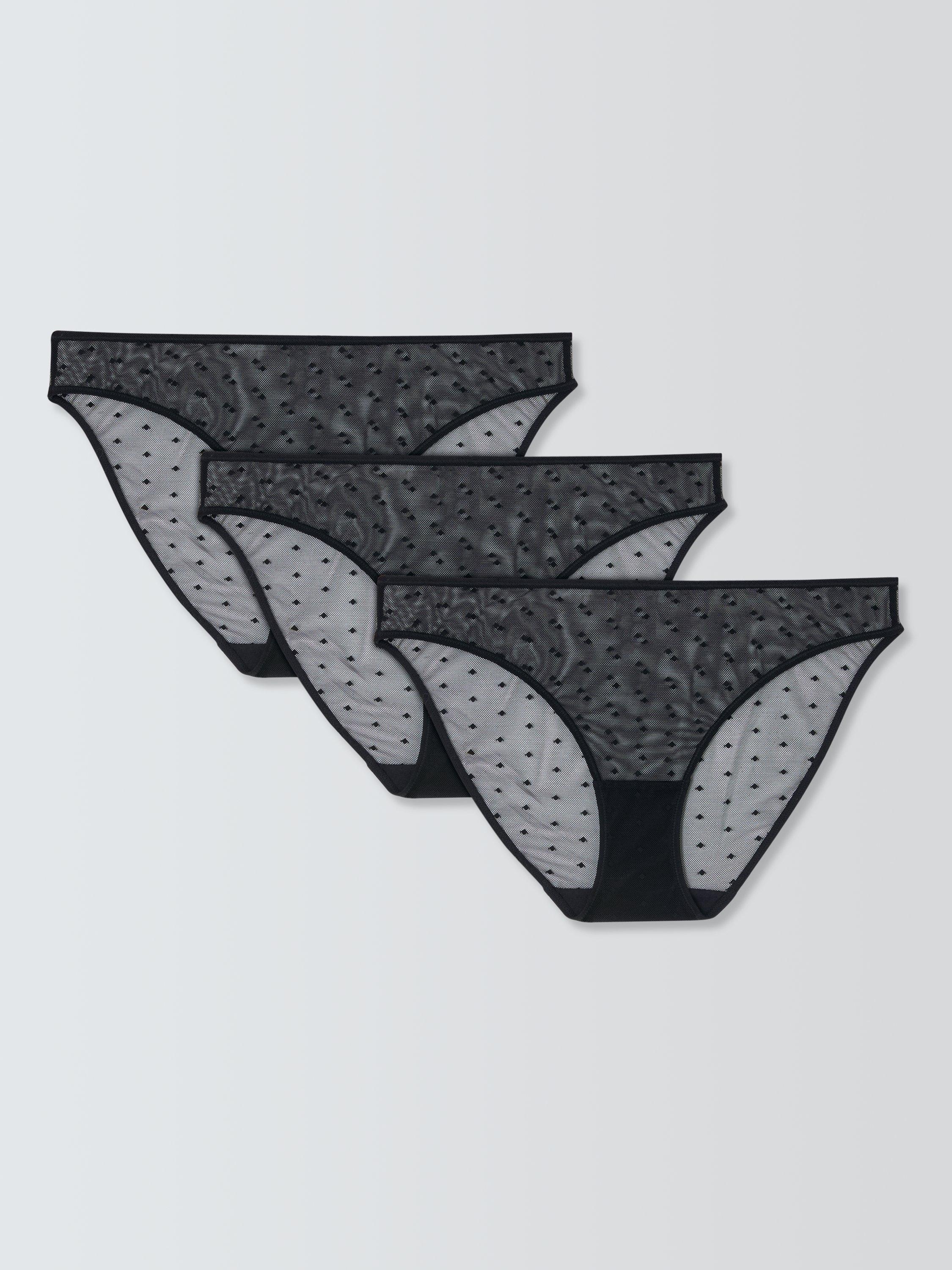 Product image 1 of 5, which shows John Lewis Spot Mesh Bikini Knickers, Pack of 3, Black, 8