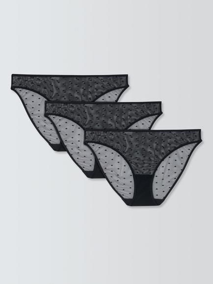 John Lewis Spot Mesh Bikini Knickers, Pack of 3, Black, Black